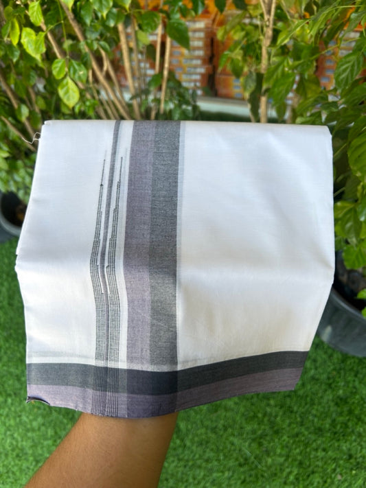 20% Discount!!! KaithariKada Balaramapuram  Double PURE WHITE Mundu/Dhoti - 80X90 - 1.75 inch Black & Matte Purple shade puliyilakkara striped chutty - 4KK5146GUN