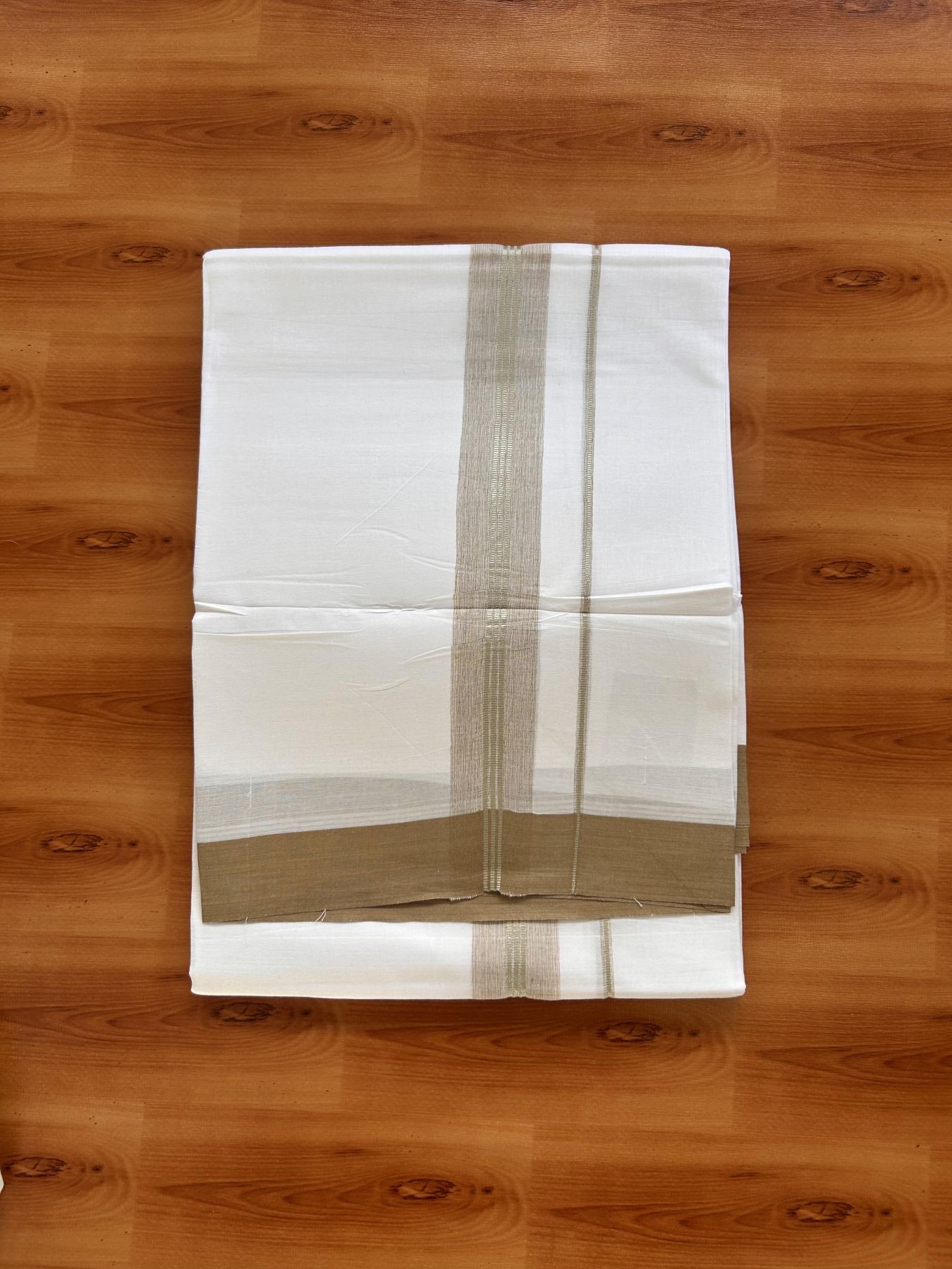 Pure White Double Mundu/Dhoti - 20% Discount ! Kaitharikada Balaramapuram 100% Cotton - 100x80 - 1.5 inch Silver Kasav & Tan Brown Shaded Striped Kara 3.90 m (8 muzham) - 19 KK5432 PMC