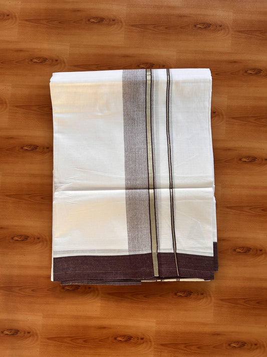 Pure White Double Mundu/Dhoti - 20% Discount ! Kaitharikada Balaramapuram 100% Cotton - 100x80 - 1.5 inch Silver Kasav & Dark Wine Shaded Striped Kara 3.90 m (8 muzham) - 33 KK5432 PMC