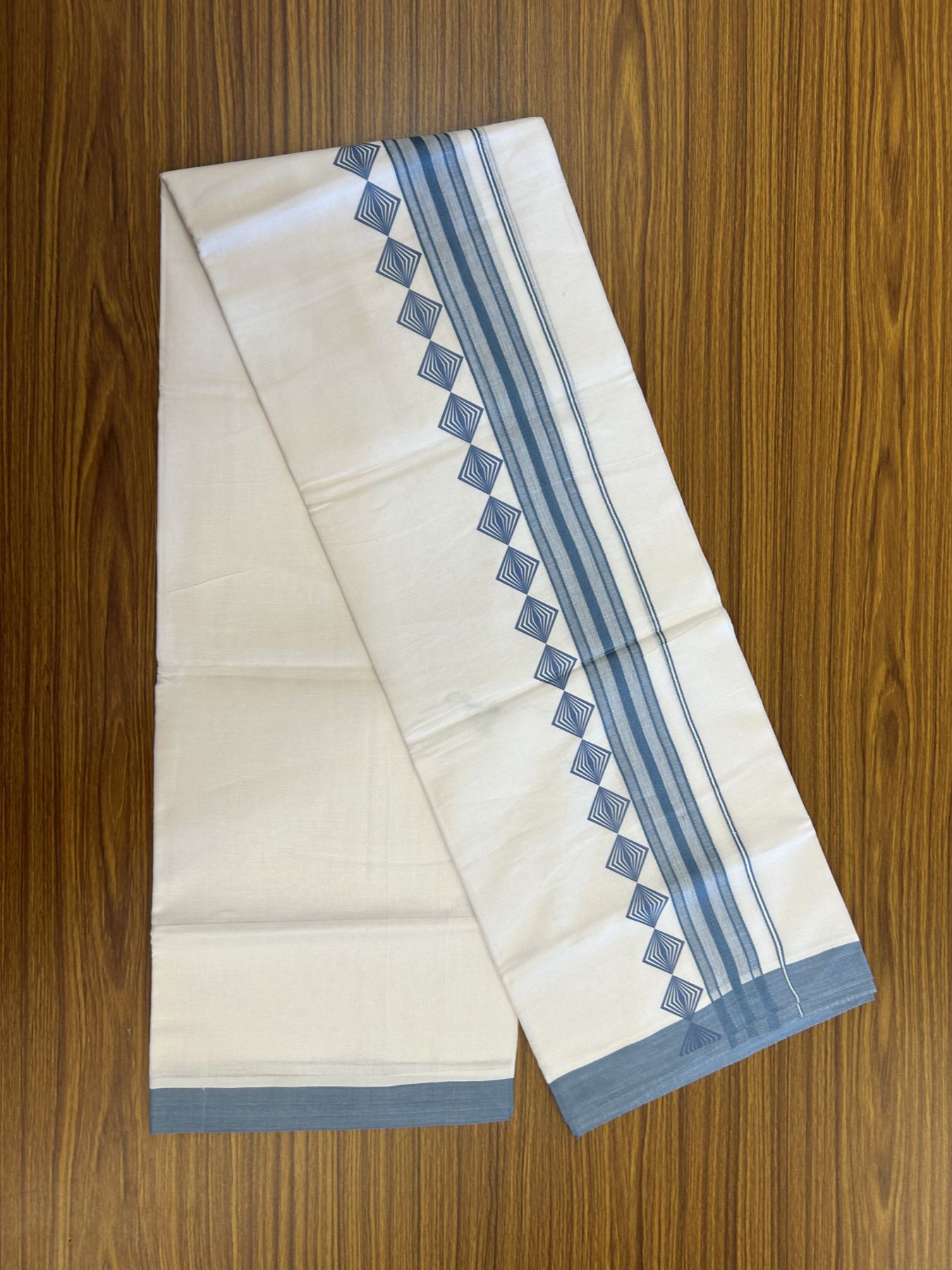 20% Discount ! KaithariKada Balaramapuram Cotton Double Pure white Mundu/Dhoti- 80s - 2.5 inch Ash Blue Printed Shade Stripes Design Kara - 3.65 mtr (8 muzham) - 10 KK5329 GAN