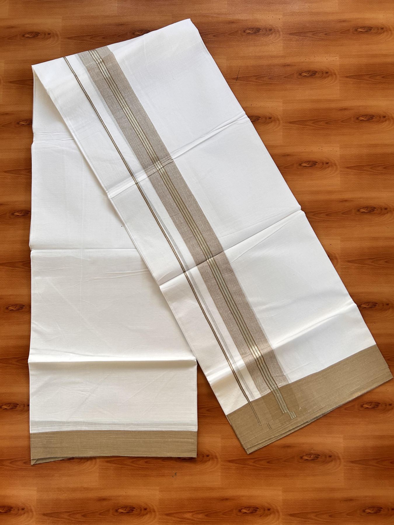 Pure White Double Mundu/Dhoti - 20% Discount ! Kaitharikada Balaramapuram 100% Cotton - 100x80 - 1.5 inch Silver Kasav & Golden Brown Shaded Striped Kara 3.90 m (8 muzham) - 23 KK5432 PMC