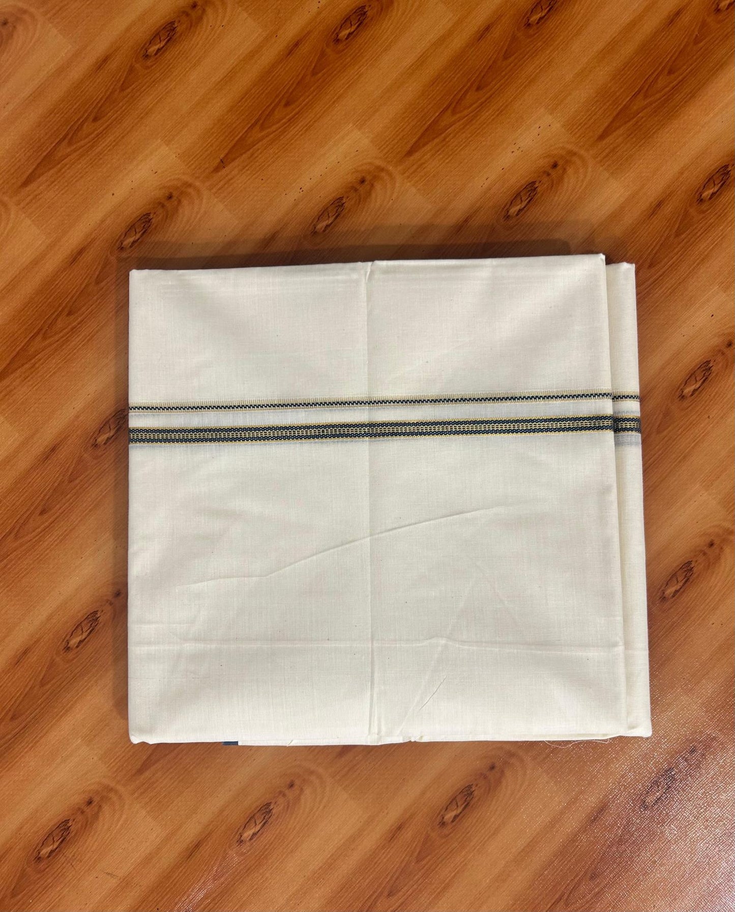Double Off white (Unbleached) Mundu/Dhoti - 20% Discount! KaithariKada Pure Cotton  (80s) - 1 cm Gold Kasav Peacock Blue Kara 4 mtr (8.5 muzham) - 15 KK5479 GAN