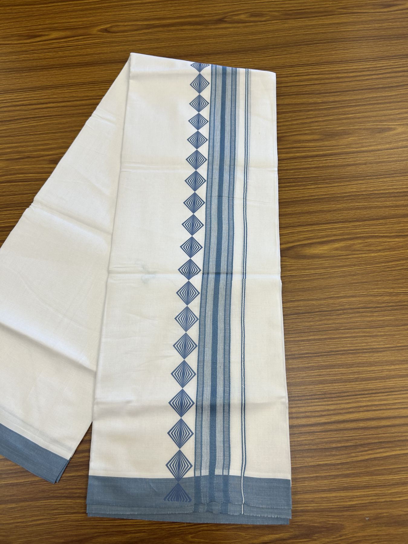 20% Discount ! KaithariKada Balaramapuram Cotton Double Pure white Mundu/Dhoti- 80s - 2.5 inch Ash Blue Printed Shade Stripes Design Kara - 3.65 mtr (8 muzham) - 10 KK5329 GAN