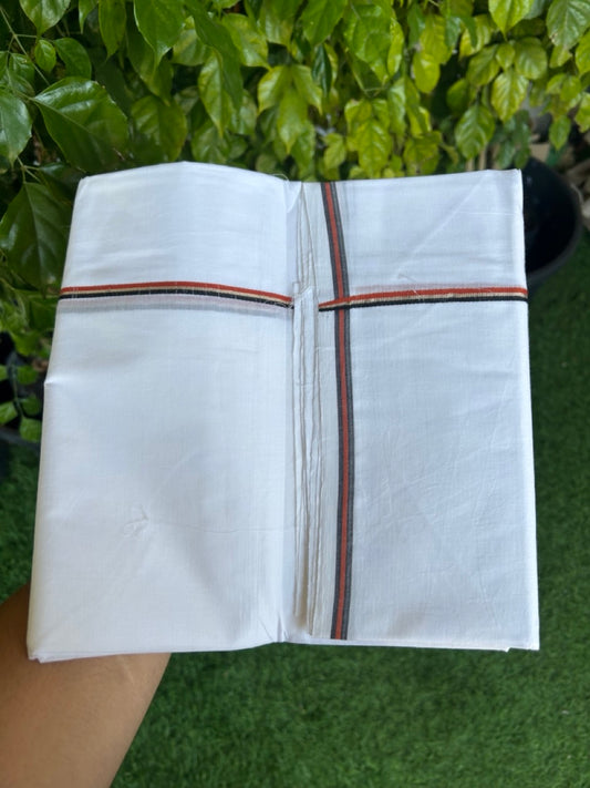 20% Discount!!  KaithariKada Balaramapuram 100% Cotton Double PURE WHITE Mundu/Dhoti - 100X100 - 0.25 inch Brick Red, Black & Silver Striped kara - 2KK5146ASH