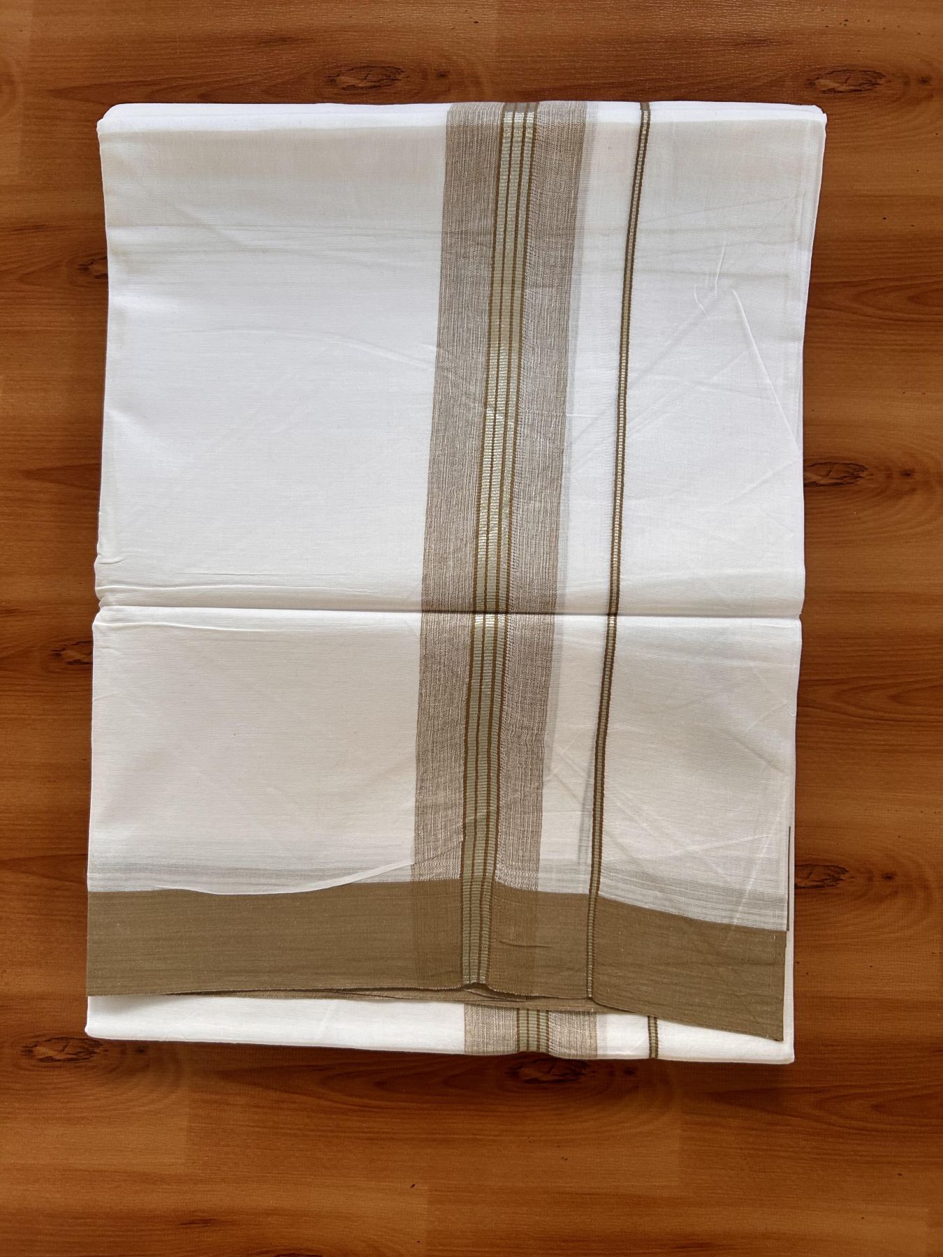 Pure White Double Mundu/Dhoti - 20% Discount ! Kaitharikada Balaramapuram 100% Cotton - 100x80 - 1.5 inch Silver Kasav & Golden Brown Shaded Striped Kara 3.90 m (8 muzham) - 23 KK5432 PMC