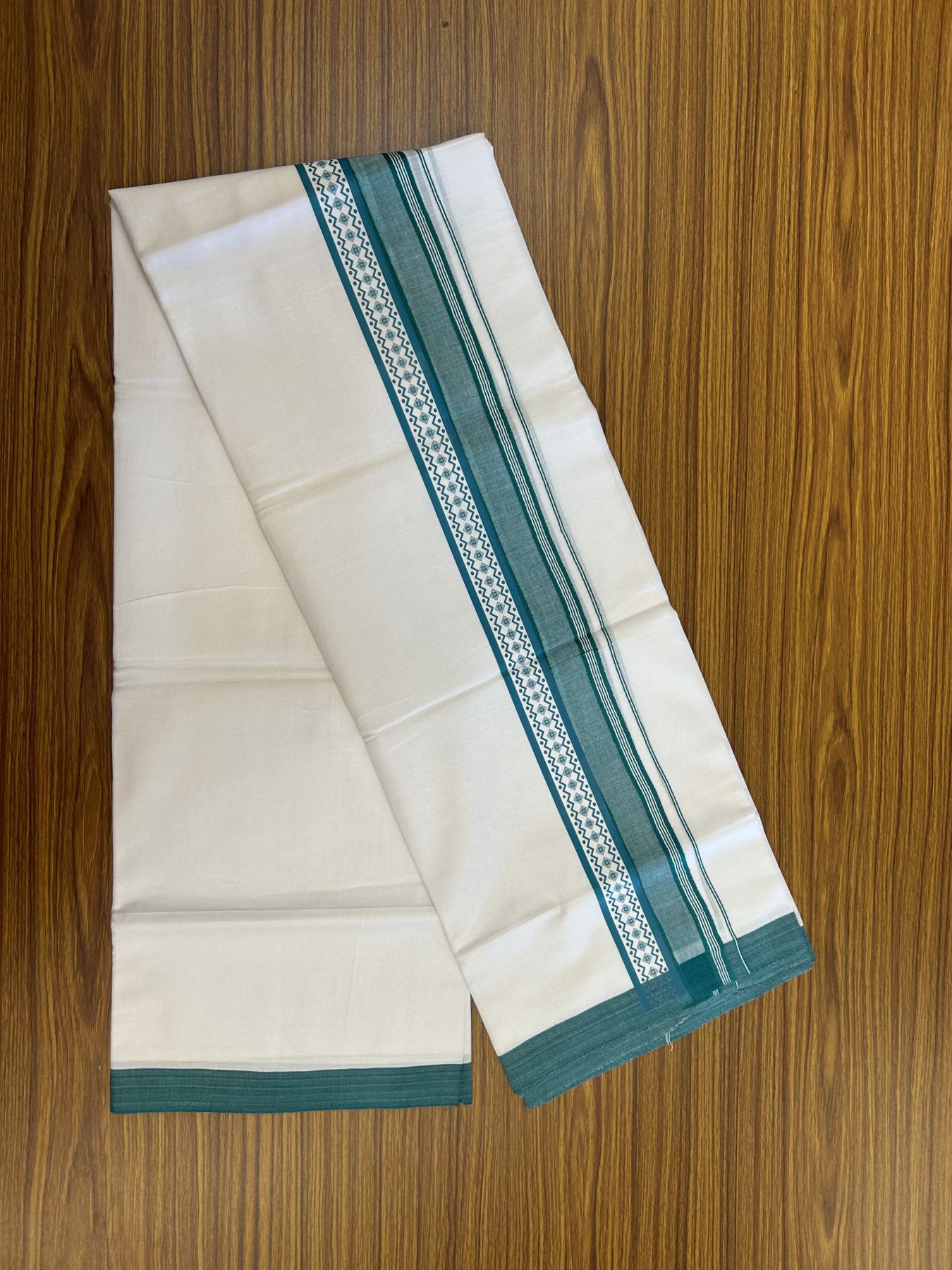 20% Discount ! KaithariKada Balaramapuram Cotton Double Pure white Mundu/Dhoti- 80s - 2.5 inch Blue Green Printed Shade Stripes Design Kara - 3.65 mtr (8 muzham) - 31 KK5329 GAN