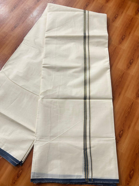 Double Off white (Unbleached) Mundu/Dhoti - 20% Discount! KaithariKada Pure Cotton  (80s) - 1 cm Gold Kasav Peacock Blue Kara 4 mtr (8.5 muzham) - 15 KK5479 GAN