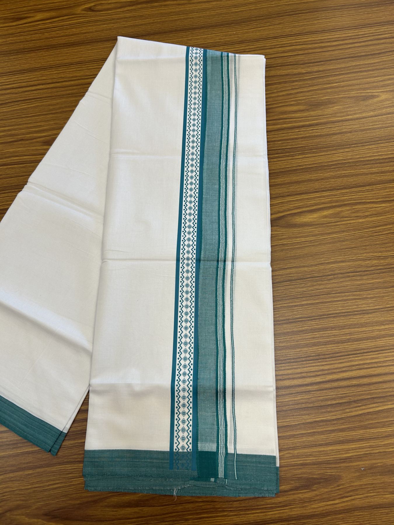20% Discount ! KaithariKada Balaramapuram Cotton Double Pure white Mundu/Dhoti- 80s - 2.5 inch Blue Green Printed Shade Stripes Design Kara - 3.65 mtr (8 muzham) - 31 KK5329 GAN