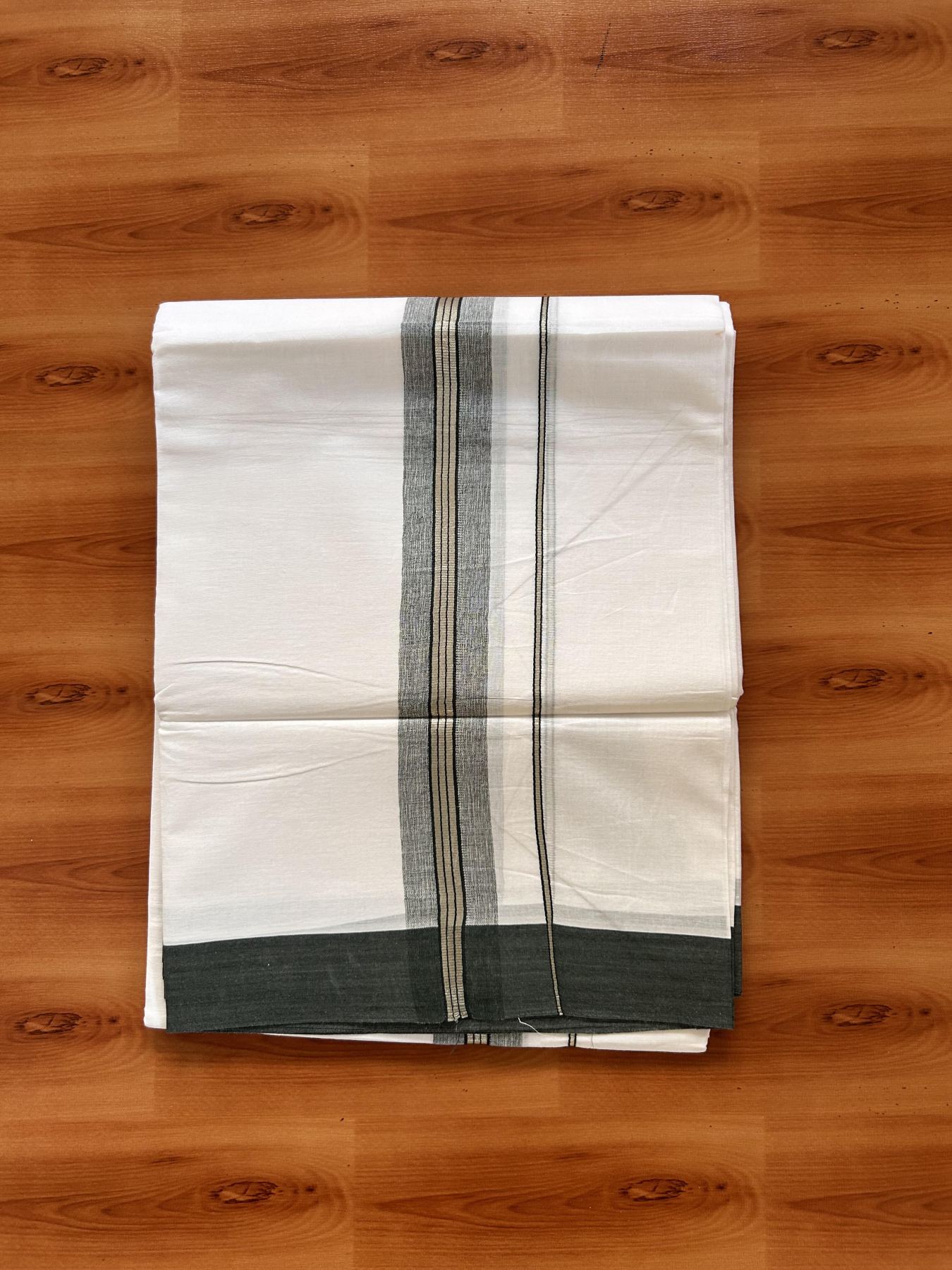 Pure White Double Mundu/Dhoti -20% Discount ! Kaitharikada Balaramapuram 100% Cotton - 100x80 - 1.5 inch Silver Kasav & Seaweed Green Shaded Striped Kara 3.90 m (8 muzham) - 24 KK5432 PMC