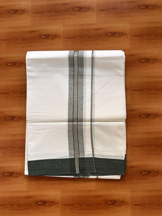 Pure White Double Mundu/Dhoti -20% Discount ! Kaitharikada Balaramapuram 100% Cotton - 100x80 - 1.5 inch Silver Kasav & Seaweed Green Shaded Striped Kara 3.90 m (8 muzham) - 24 KK5432 PMC