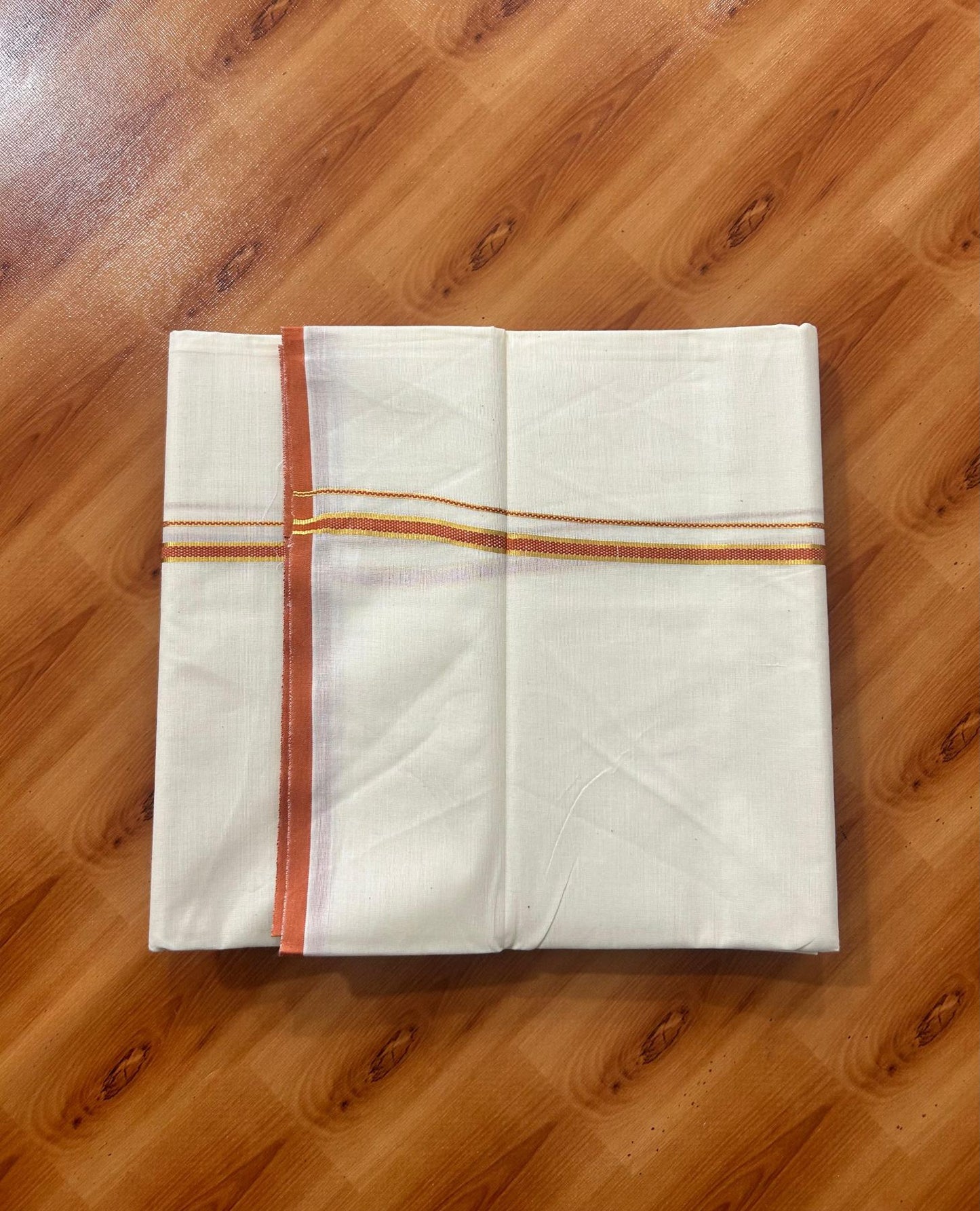 Double Off white (Unbleached) Mundu/Dhoti - 20% Discount! KaithariKada Pure Cotton  (80s) - 1 cm Gold Kasav Burnt Orange Kara 4 mtr (8.5 muzham) - 7 KK5479 GAN