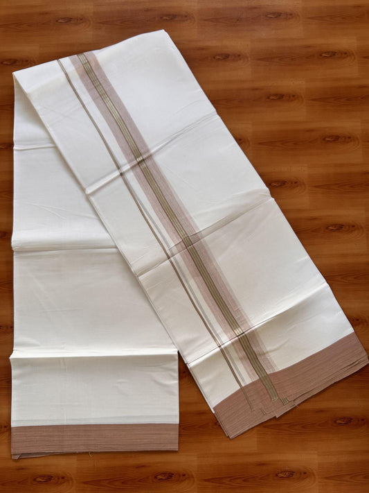 Pure White Double Mundu/Dhoti - 20% Discount ! Kaitharikada Balaramapuram 100% Cotton - 100x80 - 1.5 inch Silver Kasav & Peach Pestel Shaded Striped Kara 3.90 m (8 muzham) - 25 KK5432 PMC