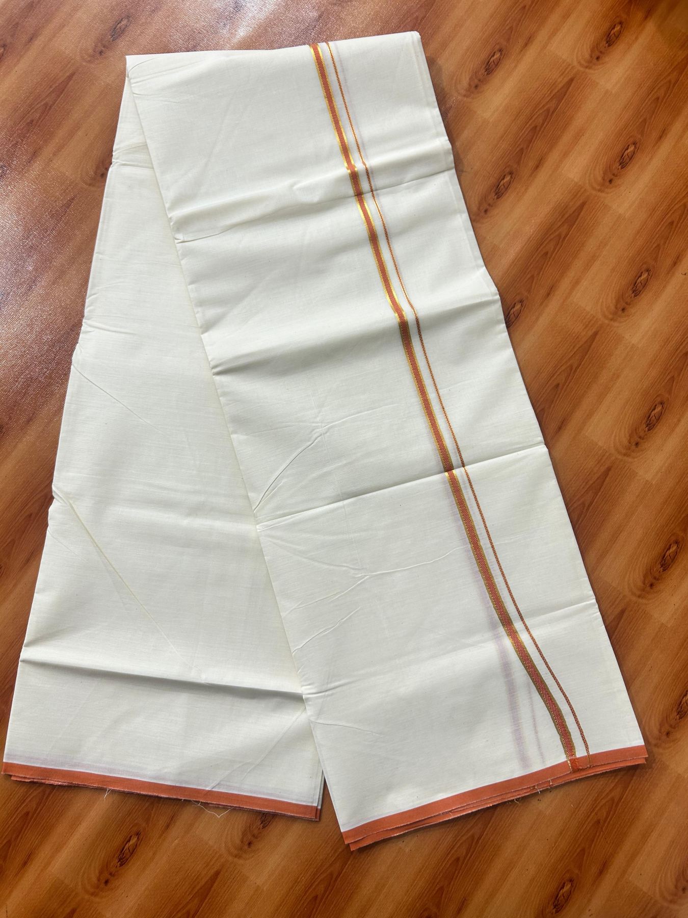 Double Off white (Unbleached) Mundu/Dhoti - 20% Discount! KaithariKada Pure Cotton  (80s) - 1 cm Gold Kasav Burnt Orange Kara 4 mtr (8.5 muzham) - 7 KK5479 GAN