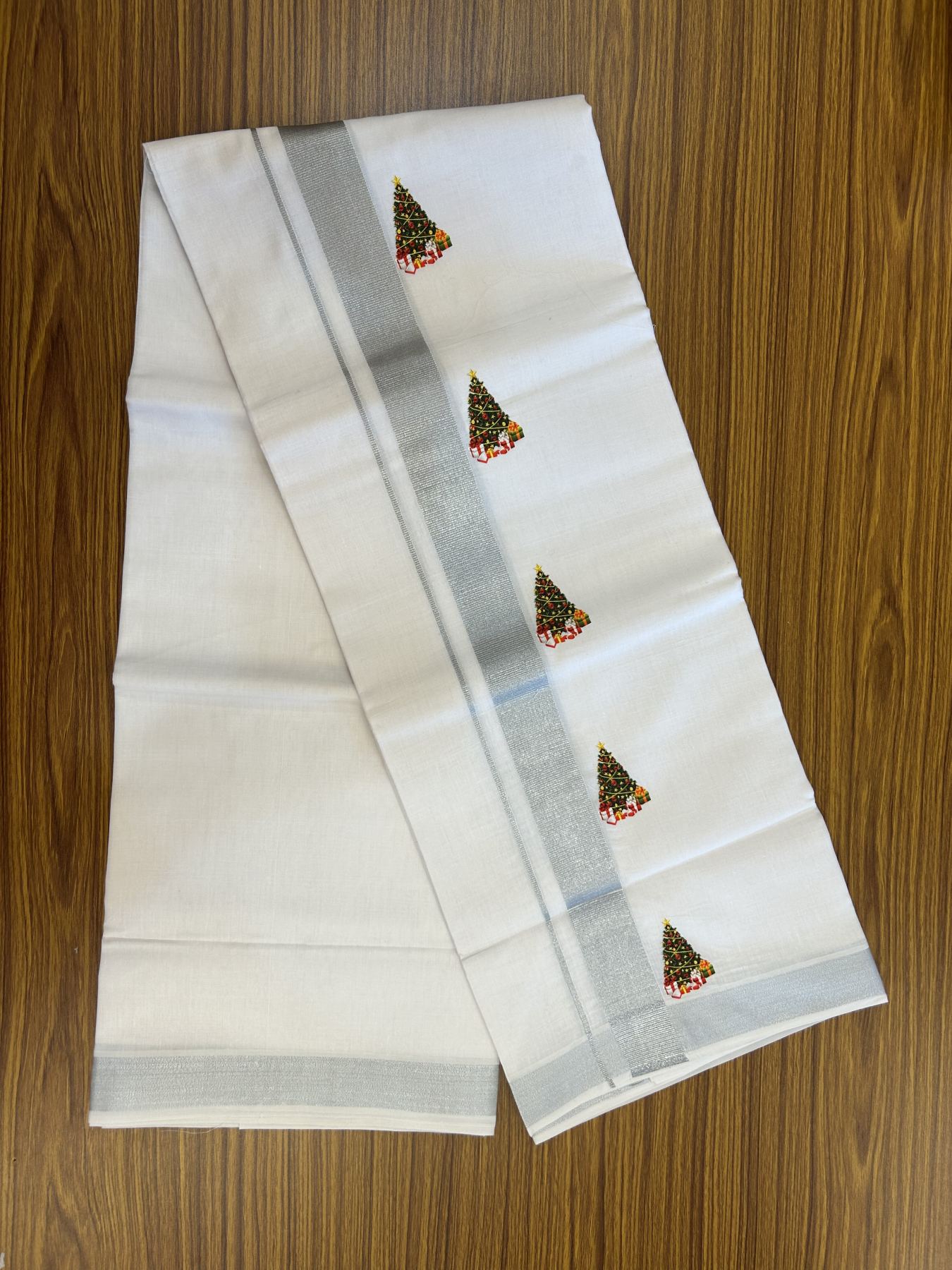 Christmas Special - 35% Discount ! KaithariKada Balaramapuram - Double Pure white Mundu/Dhoti- 60s - 50% Cotton & 50% Polyester - 1.5 inch Silver Kasav Christmas tree Printed Kara - 3.70 mtr (8 muzham) - 67 KK5329 GAN