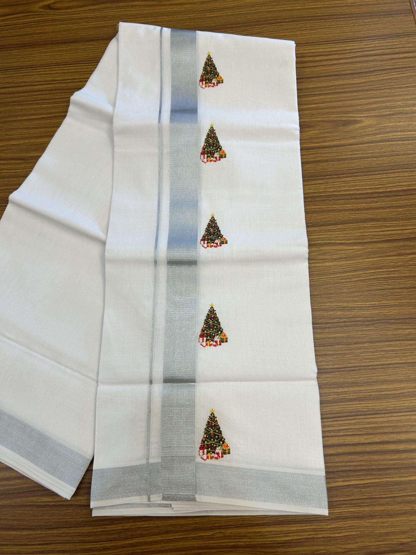 Christmas Special - 35% Discount ! KaithariKada Balaramapuram - Double Pure white Mundu/Dhoti- 60s - 50% Cotton & 50% Polyester - 1.5 inch Silver Kasav Christmas tree Printed Kara - 3.70 mtr (8 muzham) - 67 KK5329 GAN