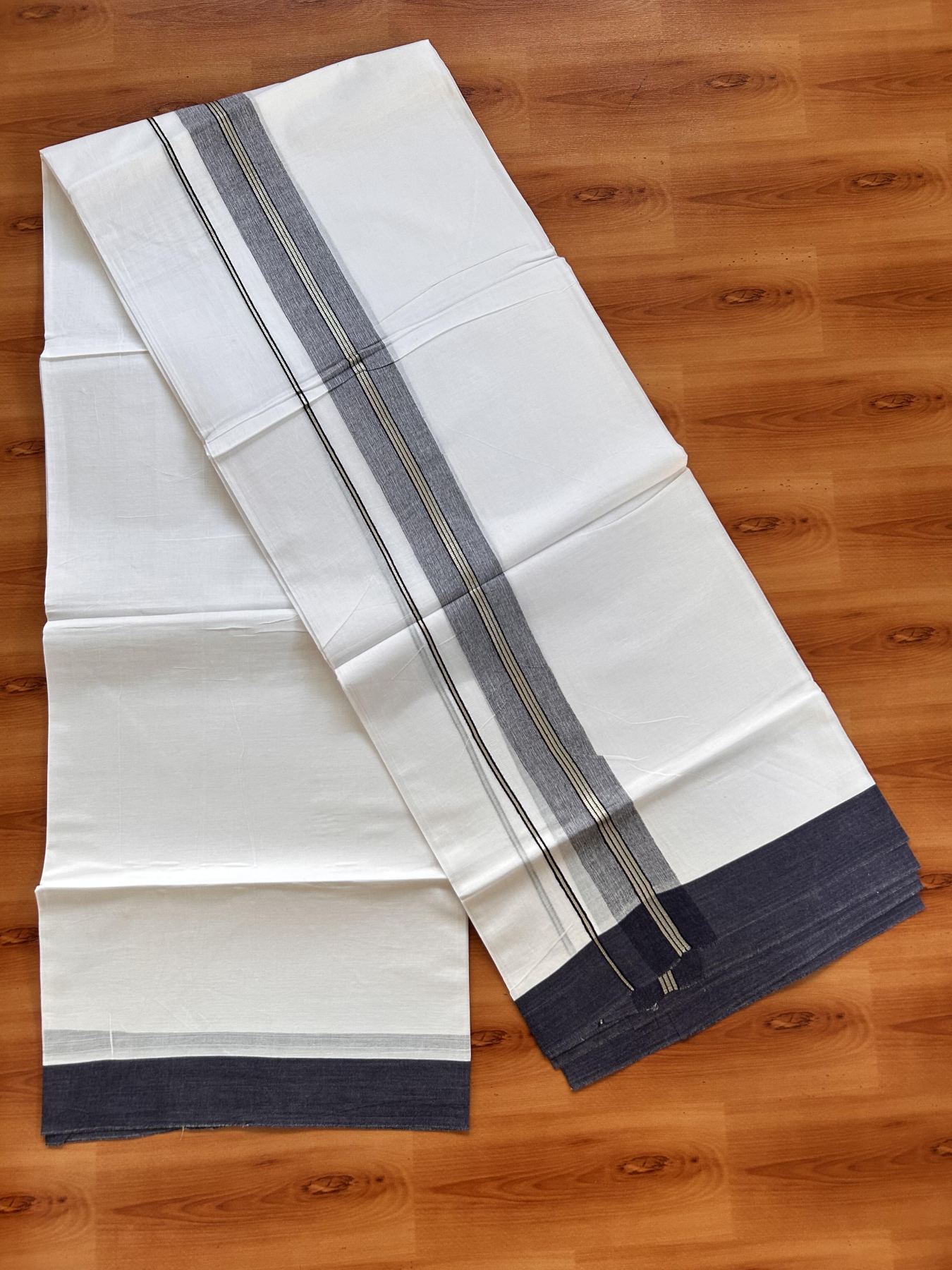 Pure White Double Mundu/Dhoti - 20% Discount ! Kaitharikada Balaramapuram 100% Cotton - 100x80 - 1.5 inch Silver Kasav & Navy Blue Shaded Striped Kara 3.90 m (8 muzham) - 22 KK5432 PMC