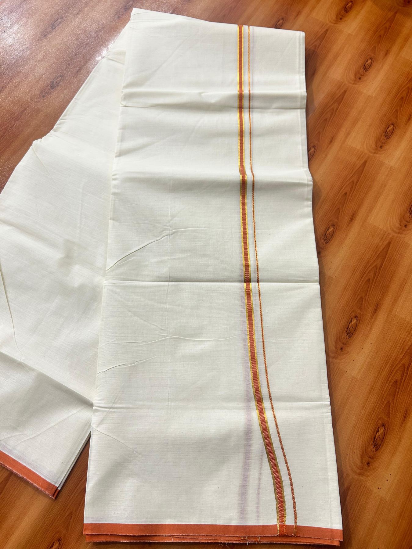 Double Off white (Unbleached) Mundu/Dhoti - 20% Discount! KaithariKada Pure Cotton  (80s) - 1 cm Gold Kasav Burnt Orange Kara 4 mtr (8.5 muzham) - 7 KK5479 GAN
