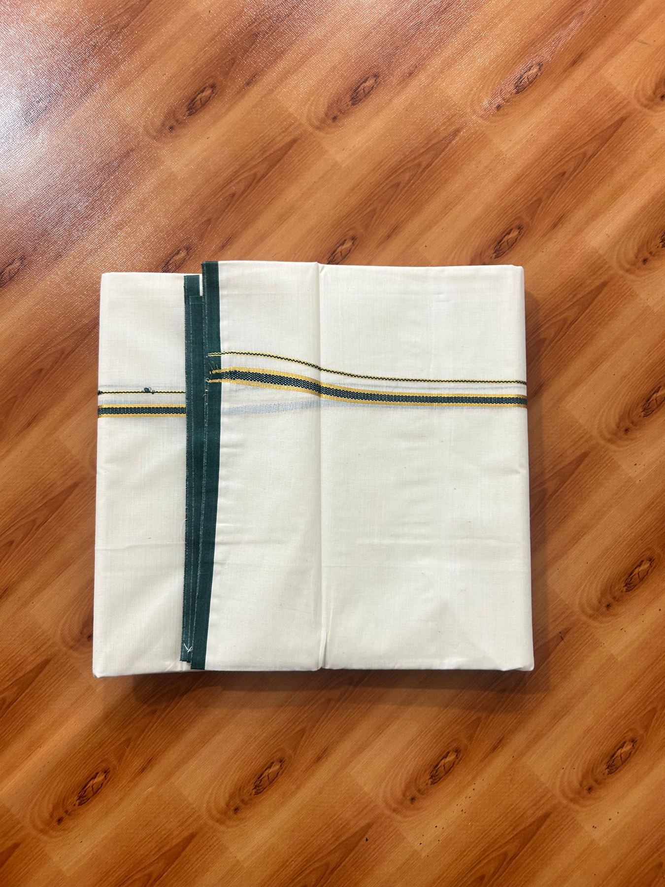 Double Off white (Unbleached) Mundu/Dhoti - 20% Discount! KaithariKada Pure Cotton  (80s) - 1 cm Gold Kasav Green Kara 4 mtr (8.5 muzham) - 5 KK5479 GAN