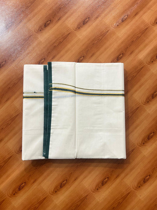Double Off white (Unbleached) Mundu/Dhoti - 20% Discount! KaithariKada Pure Cotton  (80s) - 1 cm Gold Kasav Green Kara 4 mtr (8.5 muzham) - 5 KK5479 GAN