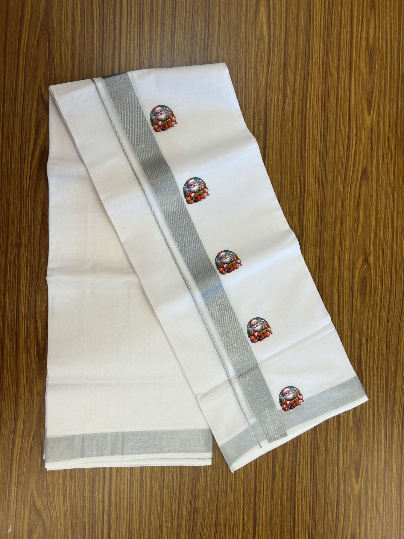 Christmas Special - 35% Discount ! KaithariKada Balaramapuram - Double Pure white Mundu/Dhoti- 60s - 50% Cotton & 50% Polyester - 1.5 inch Silver Kasav Santa Claus Printed Kara - 3.70 mtr (8 muzham) - 70 KK5329 GAN