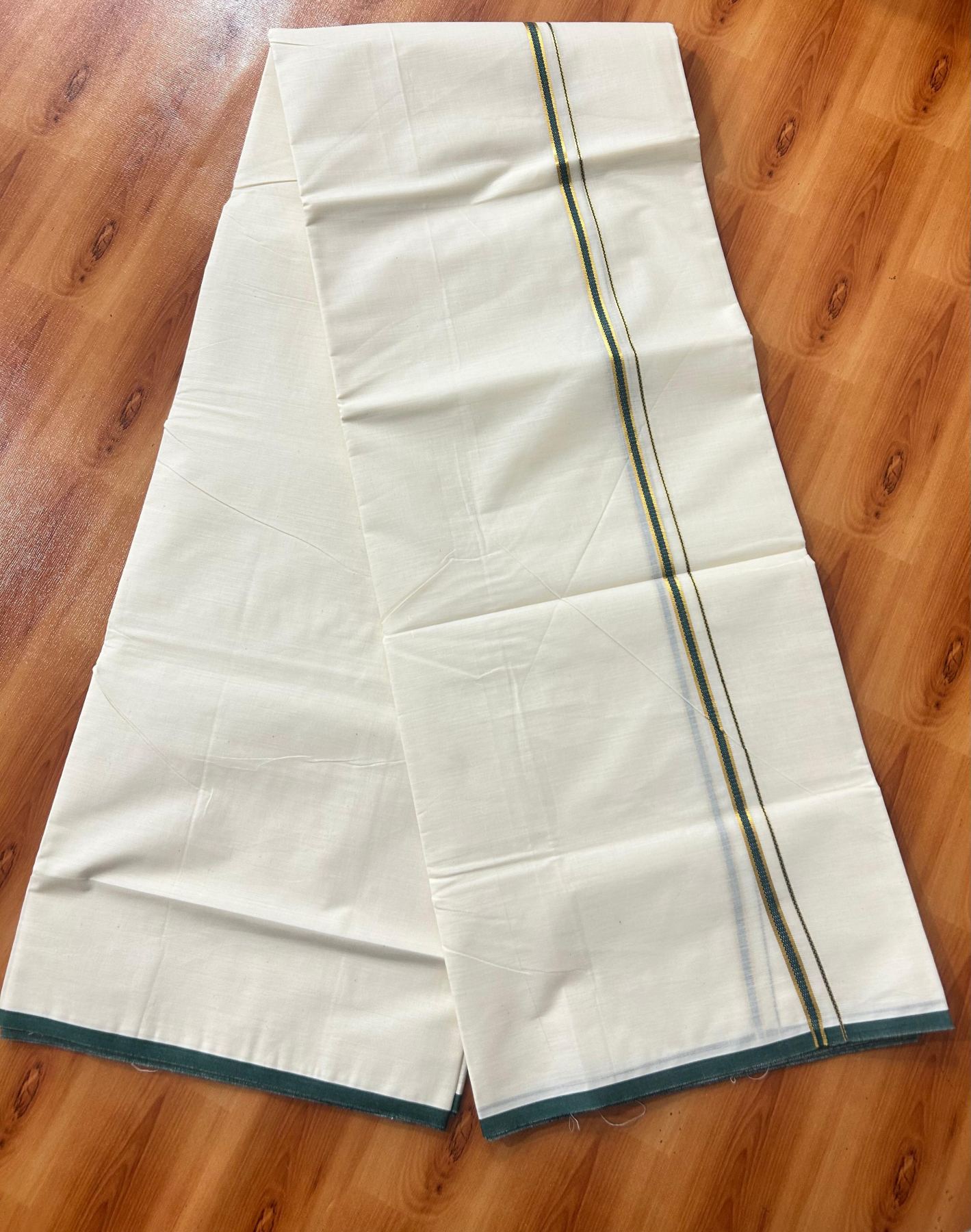 Double Off white (Unbleached) Mundu/Dhoti - 20% Discount! KaithariKada Pure Cotton  (80s) - 1 cm Gold Kasav Green Kara 4 mtr (8.5 muzham) - 5 KK5479 GAN