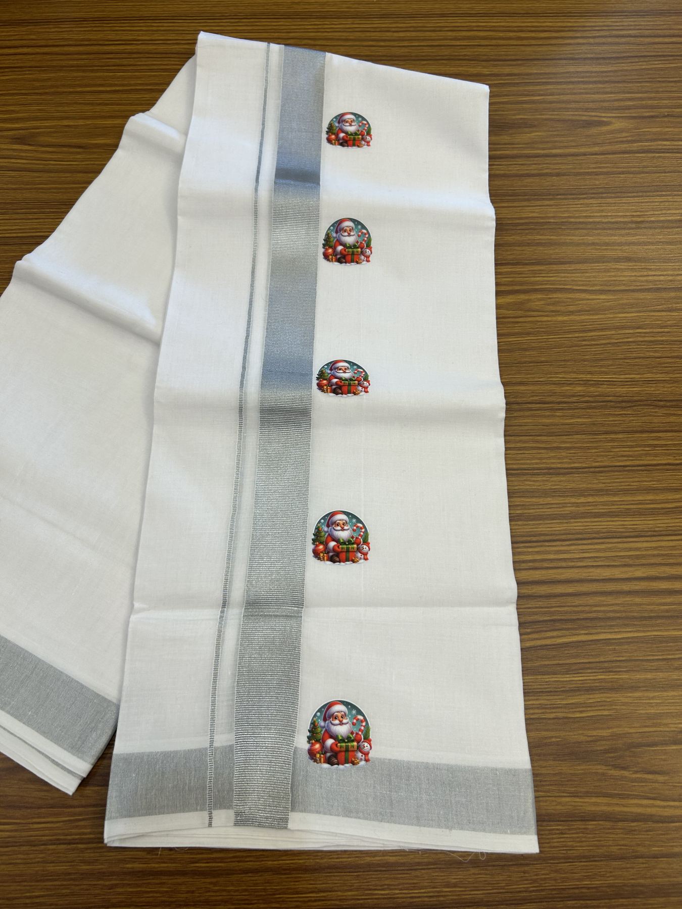 Christmas Special - 35% Discount ! KaithariKada Balaramapuram - Double Pure white Mundu/Dhoti- 60s - 50% Cotton & 50% Polyester - 1.5 inch Silver Kasav Santa Claus Printed Kara - 3.70 mtr (8 muzham) - 70 KK5329 GAN