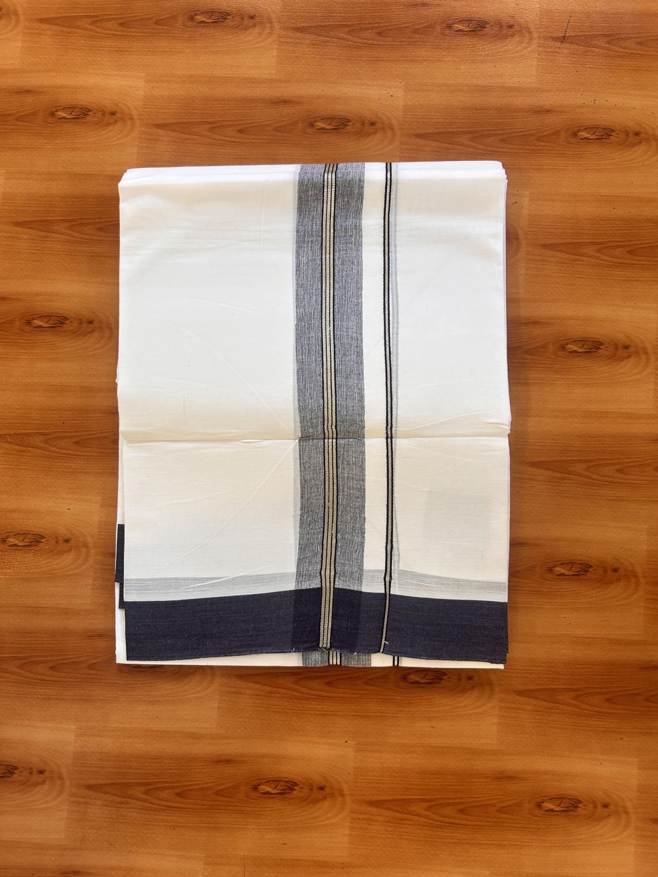 Pure White Double Mundu/Dhoti - 20% Discount ! Kaitharikada Balaramapuram 100% Cotton - 100x80 - 1.5 inch Silver Kasav & Navy Blue Shaded Striped Kara 3.90 m (8 muzham) - 22 KK5432 PMC