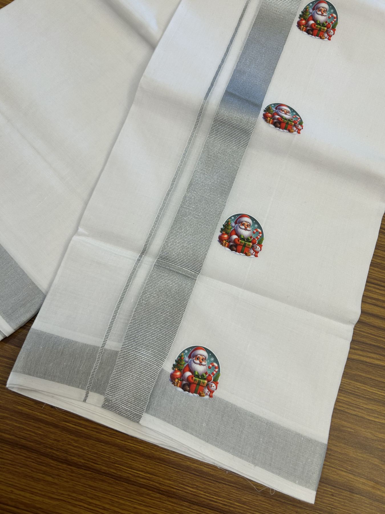 Christmas Special - 35% Discount ! KaithariKada Balaramapuram - Double Pure white Mundu/Dhoti- 60s - 50% Cotton & 50% Polyester - 1.5 inch Silver Kasav Santa Claus Printed Kara - 3.70 mtr (8 muzham) - 70 KK5329 GAN