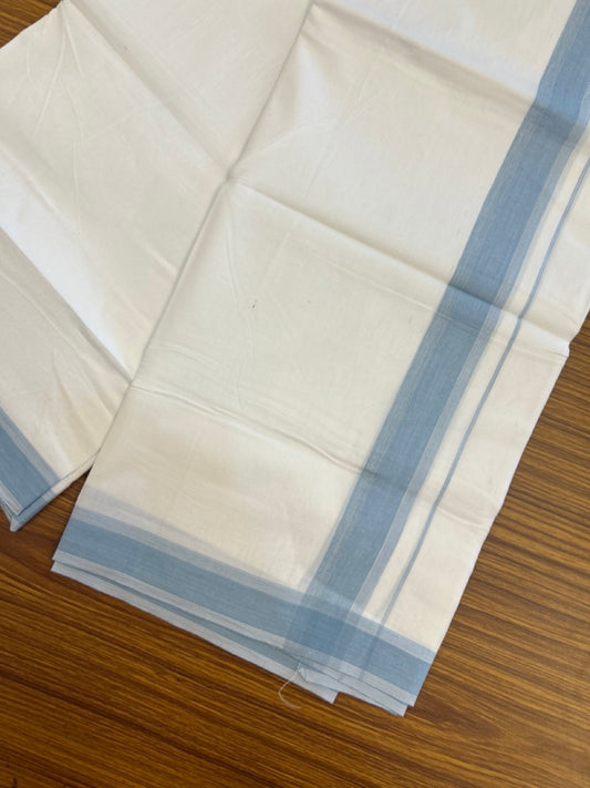 20% Discount ! Kaitharikada Balaramapuram 100% Cotton PURE WHITE Double Mundu/Dothi - 100x80 - 1.5 inch Light Blue Shaded Striped Kara 3.90 mtr (8 muzham) - 88 KK5294 THI