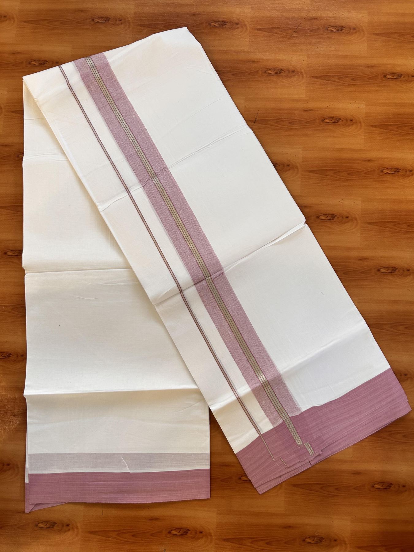 Pure White Double Mundu/Dhoti - 20% Discount ! Kaitharikada Balaramapuram 100% Cotton  - 100x80 - 1.5 inch Silver Kasav & Pestel Pink Shaded Striped Kara 3.90 m (8 muzham) - 21 KK5432 PMC