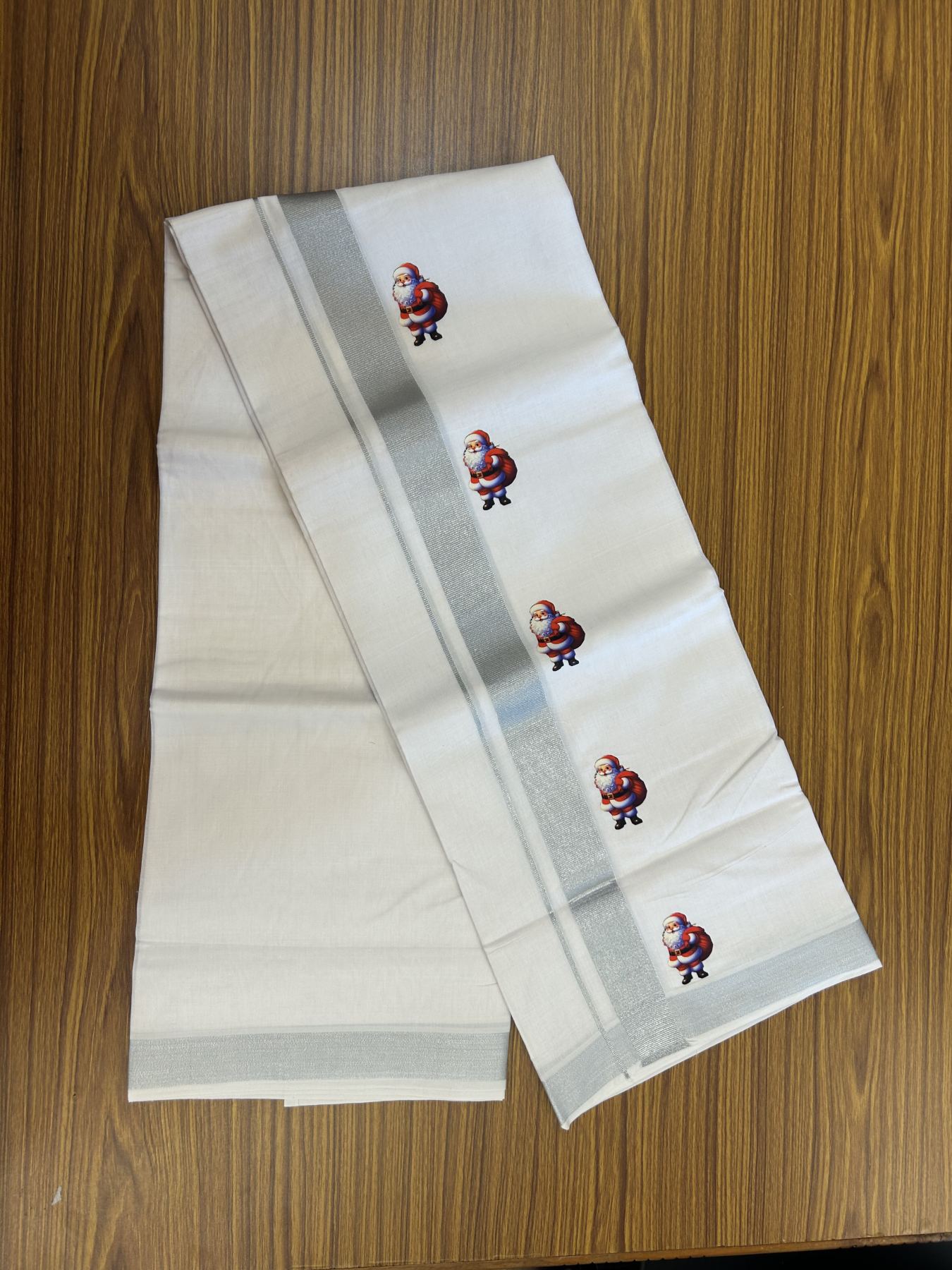 Christmas Special - 35% Discount ! KaithariKada Balaramapuram - Double Pure white Mundu/Dhoti- 60s - 50% Cotton & 50% Polyester - 1.5 inch Silver Kasav Santa Claus Printed Kara - 3.70 mtr (8 muzham) - 68 KK5329 GAN