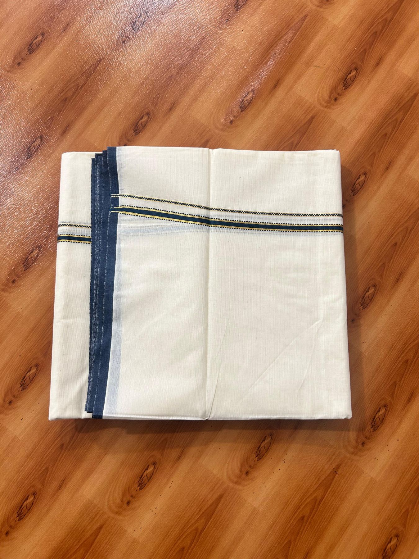 Double Off white (Unbleached) Mundu/Dhoti - 20% Discount! KaithariKada Pure Cotton  (80s) - 1 cm Gold Kasav Peacock Blue Kara 4 mtr (8.5 muzham) - 16 KK5479 GAN
