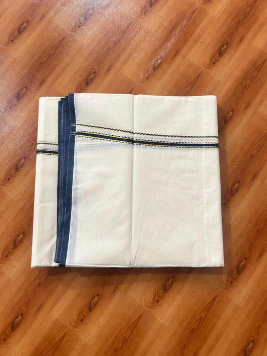 Double Off white (Unbleached) Mundu/Dhoti - 20% Discount! KaithariKada Pure Cotton  (80s) - 1 cm Gold Kasav Peacock Blue Kara 4 mtr (8.5 muzham) - 16 KK5479 GAN