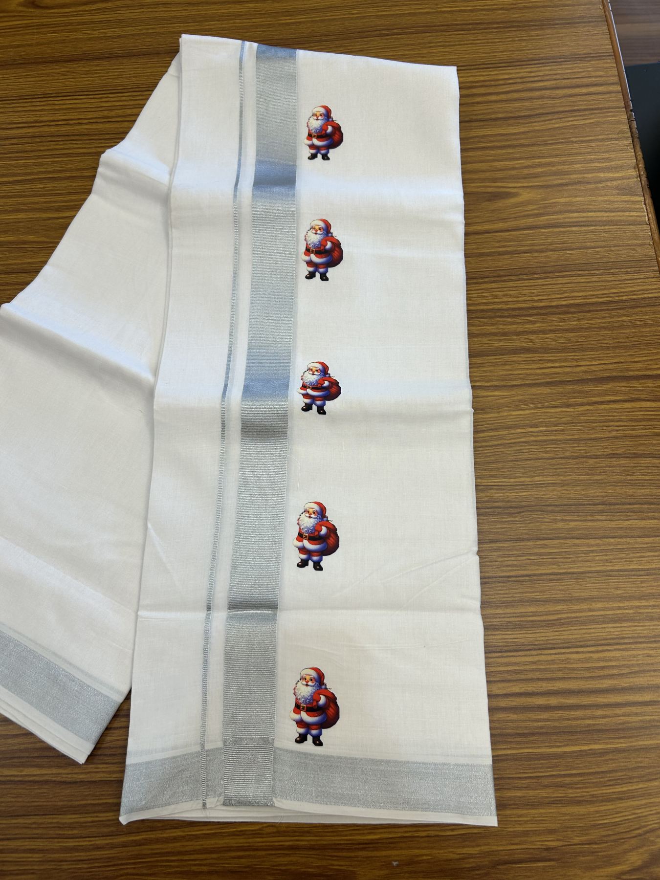 Christmas Special - 35% Discount ! KaithariKada Balaramapuram - Double Pure white Mundu/Dhoti- 60s - 50% Cotton & 50% Polyester - 1.5 inch Silver Kasav Santa Claus Printed Kara - 3.70 mtr (8 muzham) - 68 KK5329 GAN