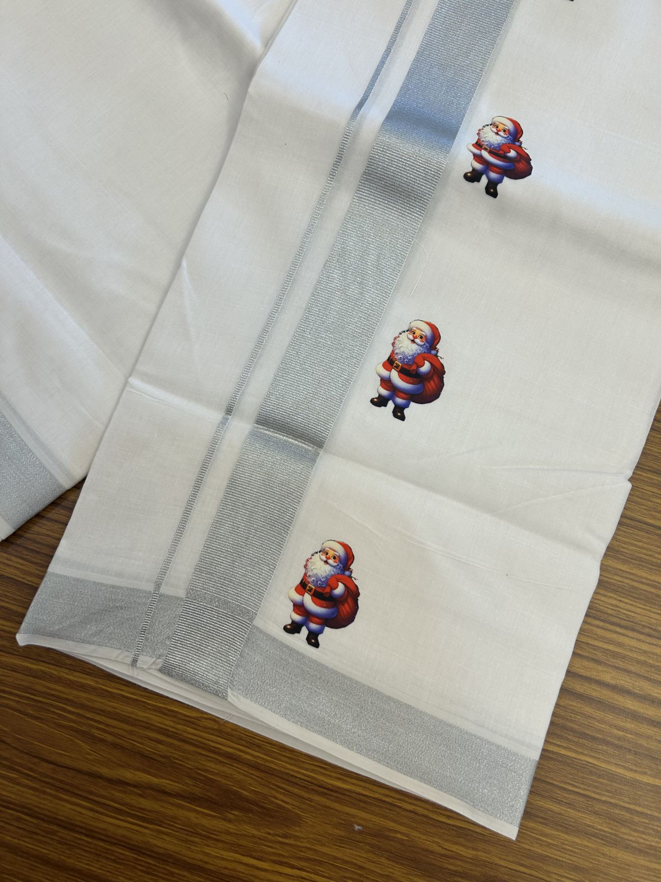 Christmas Special - 35% Discount ! KaithariKada Balaramapuram - Double Pure white Mundu/Dhoti- 60s - 50% Cotton & 50% Polyester - 1.5 inch Silver Kasav Santa Claus Printed Kara - 3.70 mtr (8 muzham) - 68 KK5329 GAN