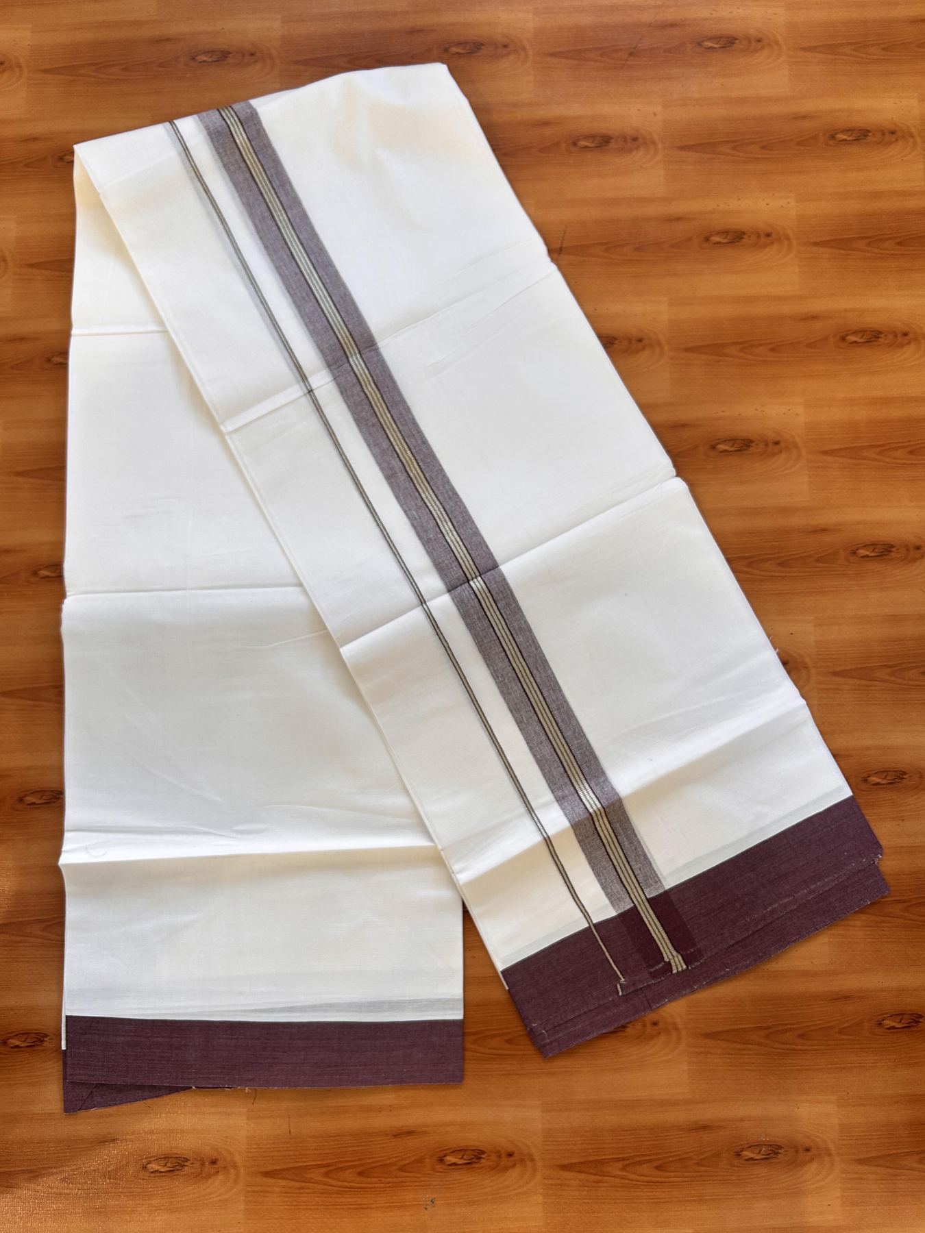 Pure White Double Mundu/Dhoti - 20% Discount ! Kaitharikada Balaramapuram 100% Cotton  - 100x80 - 1.5 inch Silver Kasav & Wine Purple Shaded Striped Kara 3.90 m (8 muzham) - 18 KK5432 PMC