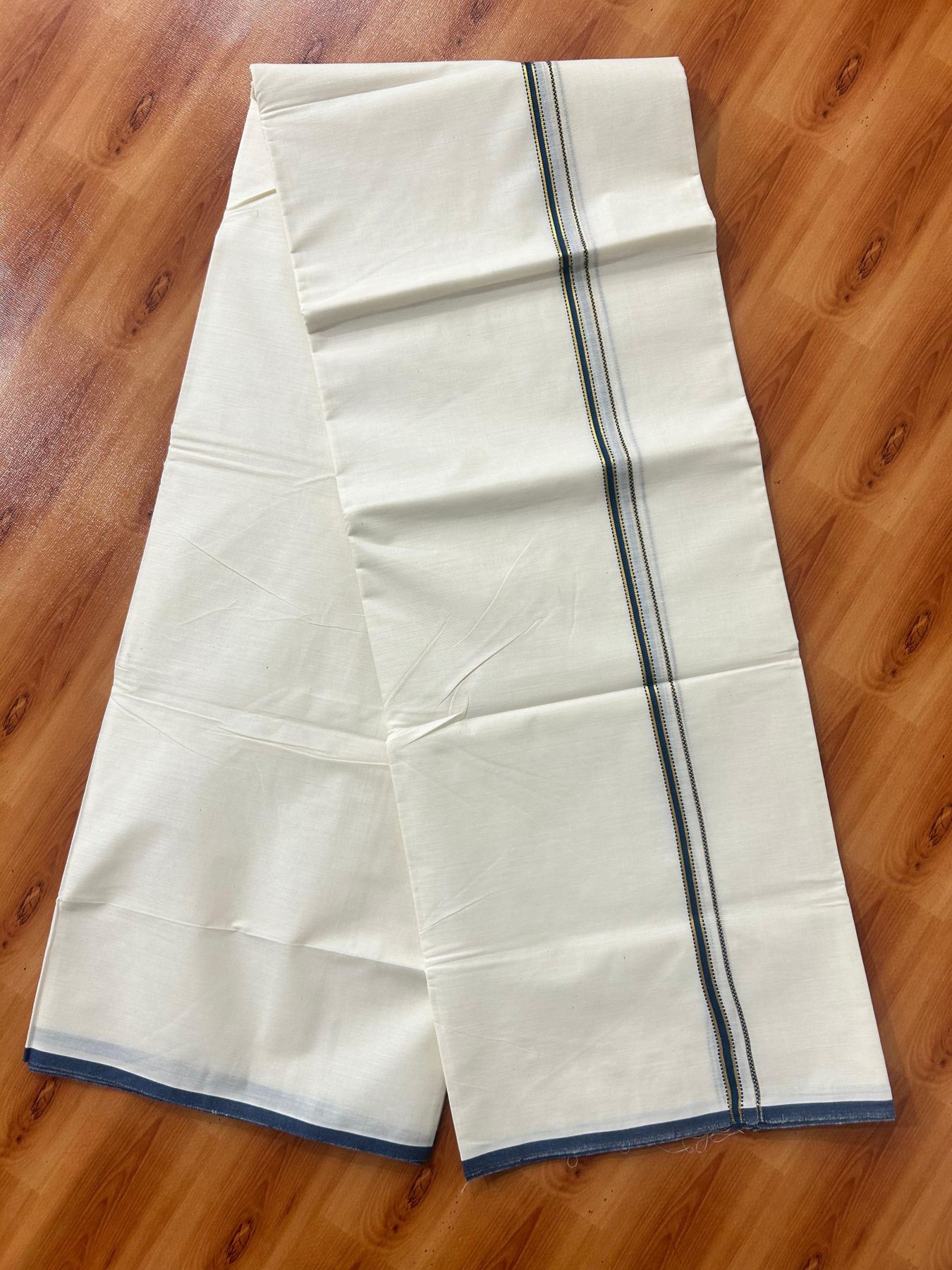 Double Off white (Unbleached) Mundu/Dhoti - 20% Discount! KaithariKada Pure Cotton  (80s) - 1 cm Gold Kasav Peacock Blue Kara 4 mtr (8.5 muzham) - 16 KK5479 GAN