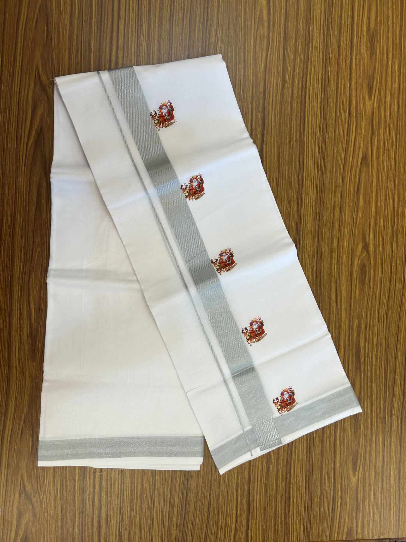 Christmas Special - 35% Discount ! KaithariKada Balaramapuram - Double Pure white Mundu/Dhoti- 60s - 50% Cotton & 50% Polyester - 1.5 inch Silver Kasav Santa Claus Printed Kara - 3.70 mtr (8 muzham) - 71 KK5329 GAN