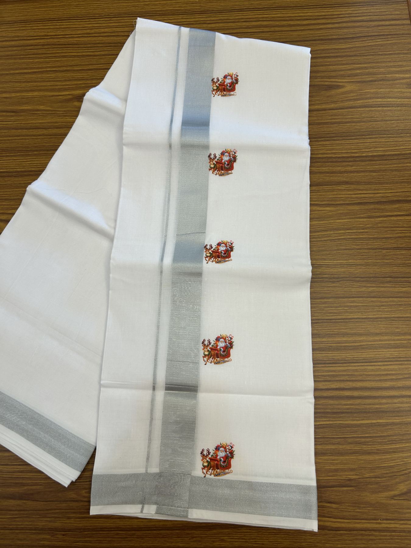 Christmas Special - 35% Discount ! KaithariKada Balaramapuram - Double Pure white Mundu/Dhoti- 60s - 50% Cotton & 50% Polyester - 1.5 inch Silver Kasav Santa Claus Printed Kara - 3.70 mtr (8 muzham) - 71 KK5329 GAN