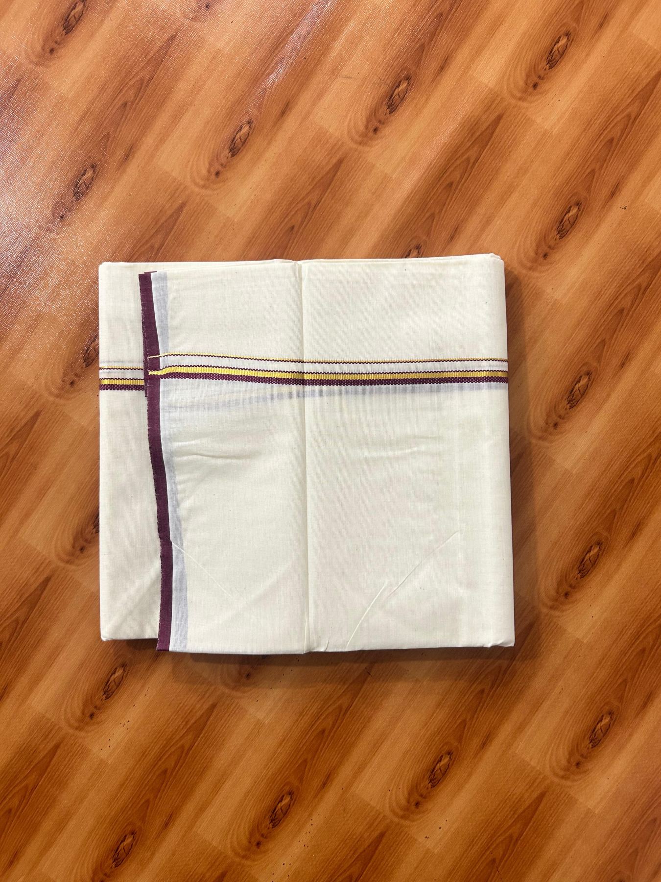 Double Off white (Unbleached) Mundu/Dhoti - 20% Discount! KaithariKada Pure Cotton  (80s) - 1 cm Gold Kasav wine purple Kara 4 mtr (8.5 muzham) - 11 KK5479 GAN