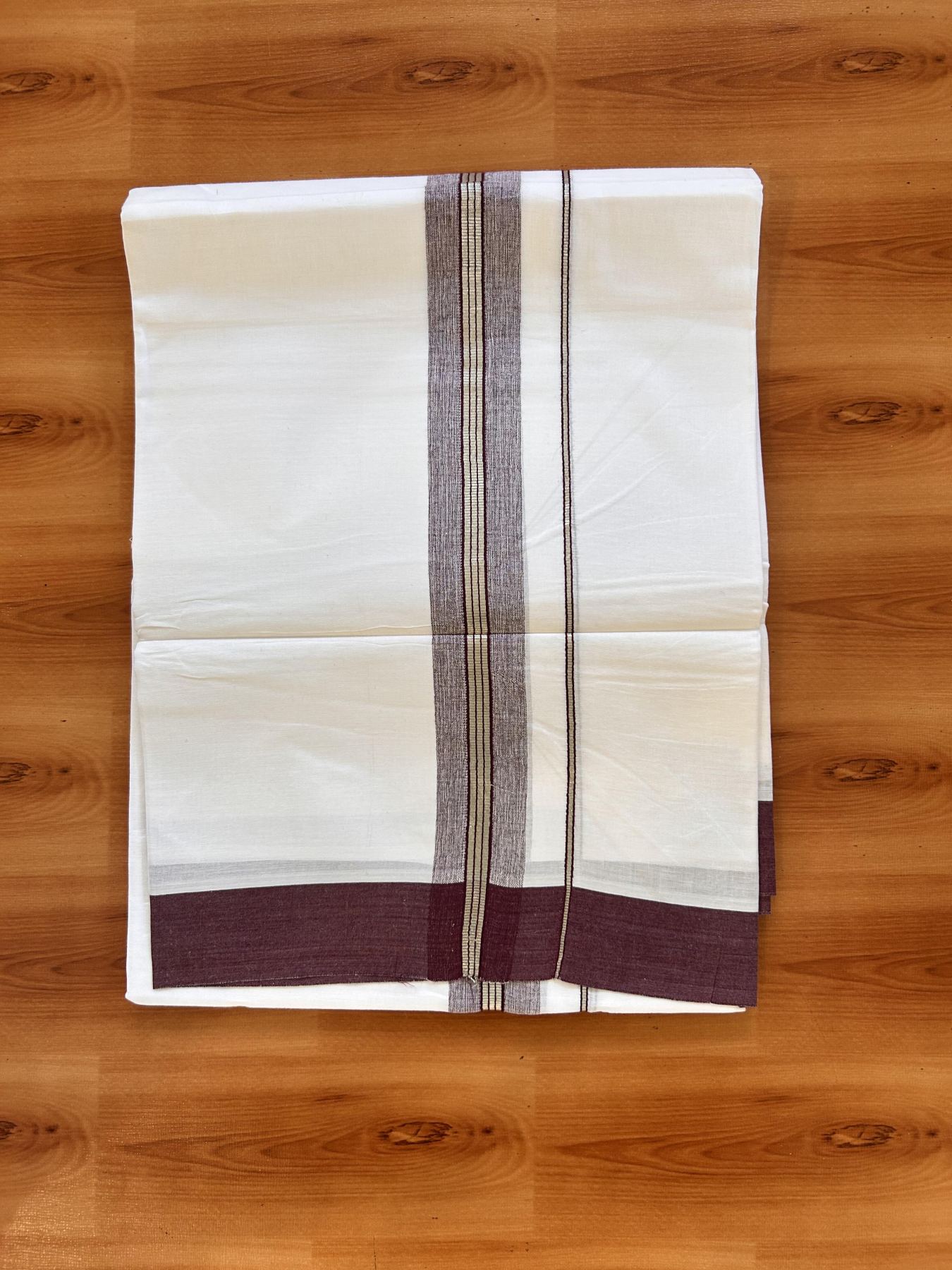 Pure White Double Mundu/Dhoti - 20% Discount ! Kaitharikada Balaramapuram 100% Cotton  - 100x80 - 1.5 inch Silver Kasav & Wine Purple Shaded Striped Kara 3.90 m (8 muzham) - 18 KK5432 PMC