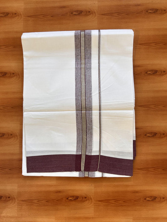 Pure White Double Mundu/Dhoti - 20% Discount ! Kaitharikada Balaramapuram 100% Cotton  - 100x80 - 1.5 inch Silver Kasav & Wine Purple Shaded Striped Kara 3.90 m (8 muzham) - 18 KK5432 PMC