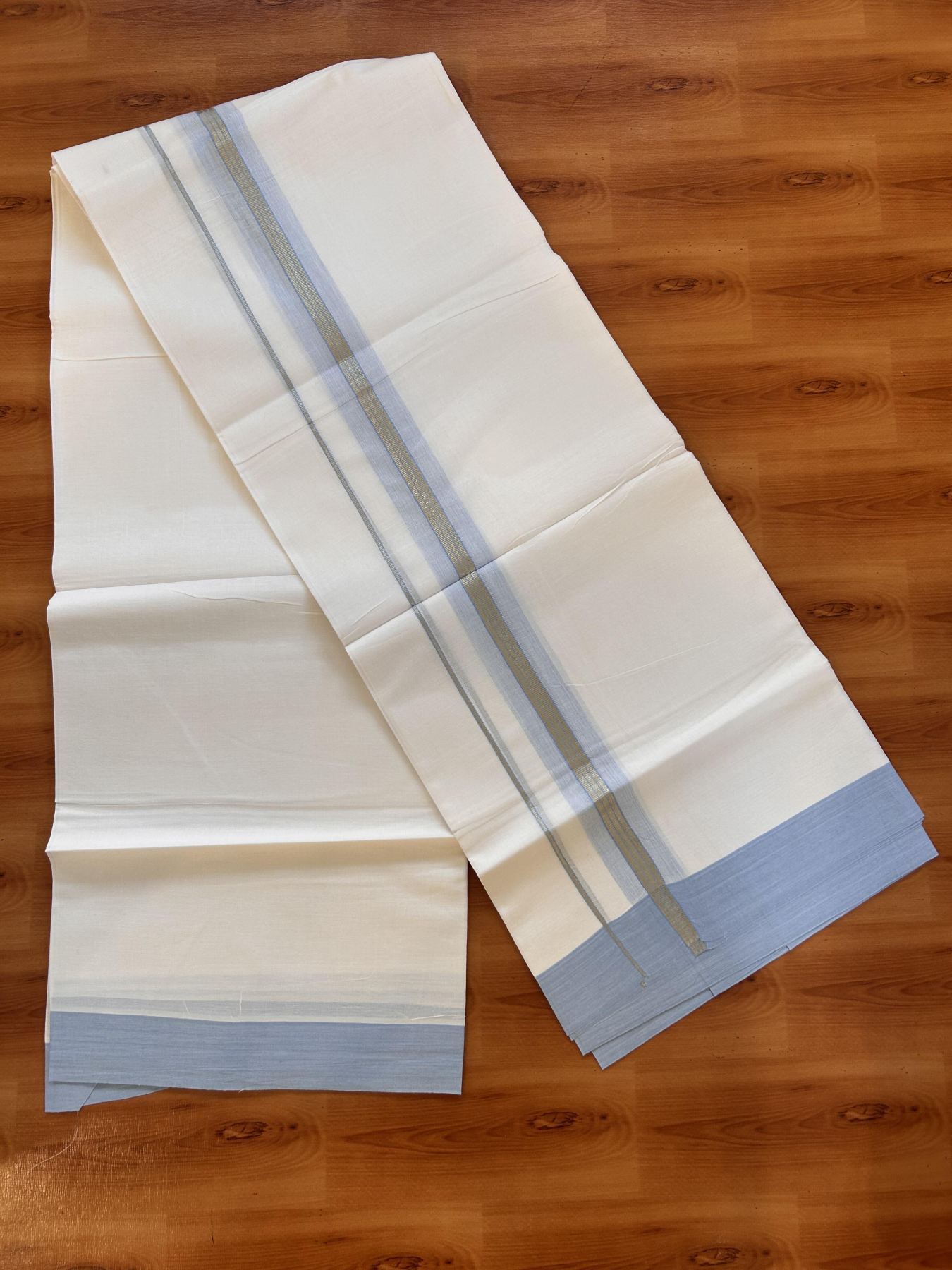 Pure White Double Mundu/Dhoti - 20% Discount ! Kaitharikada Balaramapuram 100% Cotton - 100x80 - 1.5 inch Silver Kasav & Powder Blue Shaded Striped Kara 3.90 m (8 muzham) - 20 KK5432 PMC