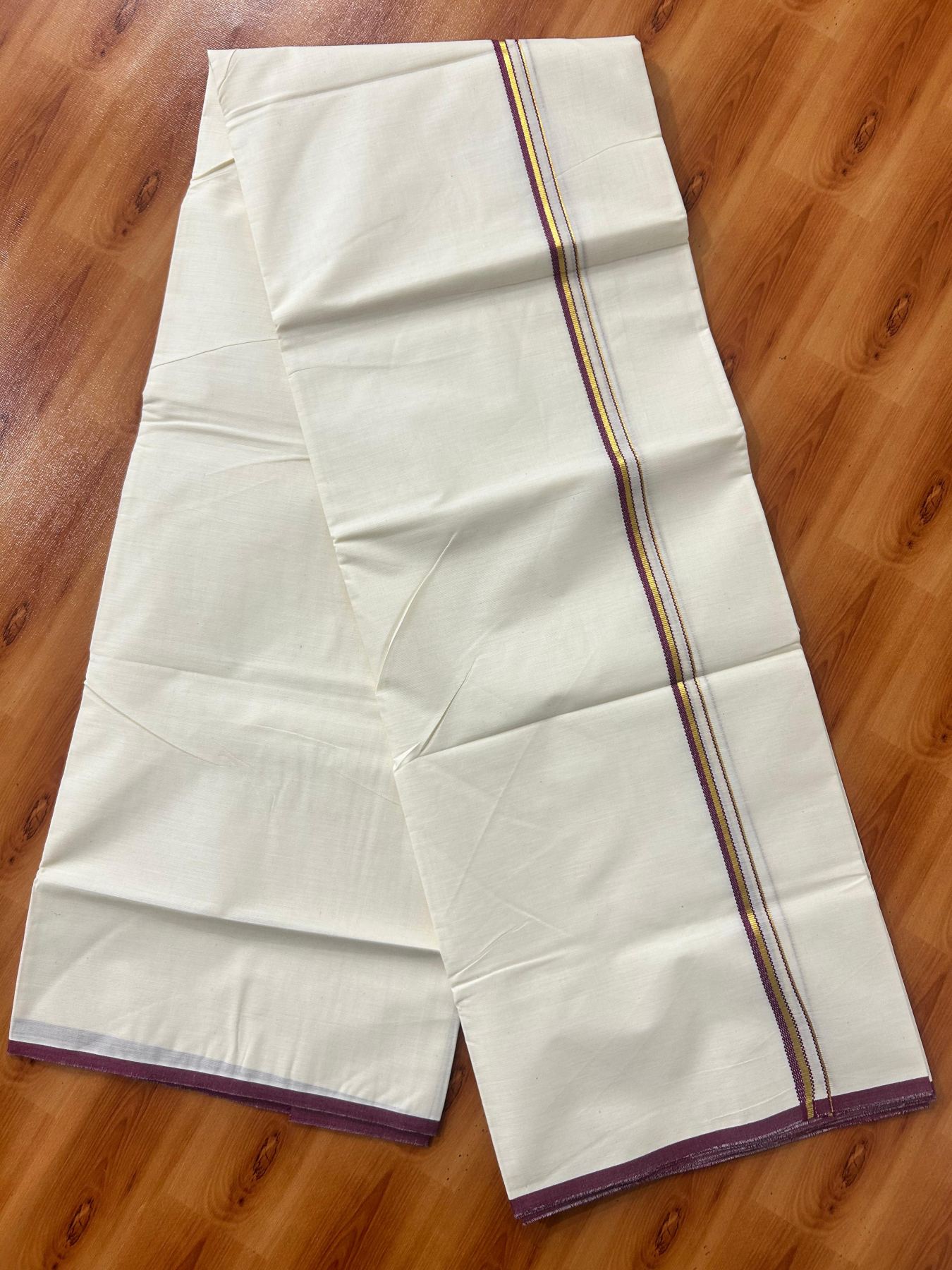 Double Off white (Unbleached) Mundu/Dhoti - 20% Discount! KaithariKada Pure Cotton  (80s) - 1 cm Gold Kasav wine purple Kara 4 mtr (8.5 muzham) - 11 KK5479 GAN