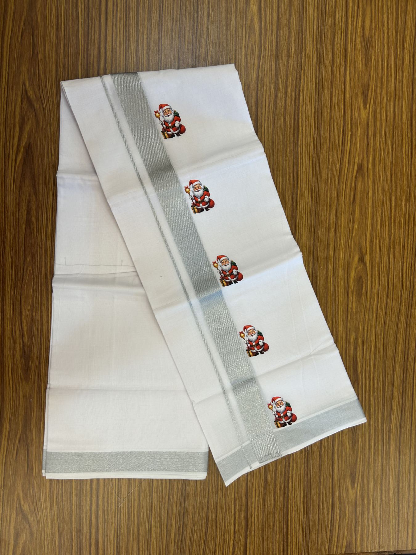 Christmas Special - 35% Discount ! KaithariKada Balaramapuram - Double Pure white Mundu/Dhoti- 60s - 50% Cotton & 50% Polyester - 1.5 inch Silver Kasav Santa Claus Printed Kara - 3.70 mtr (8 muzham) - 69 KK5329 GAN