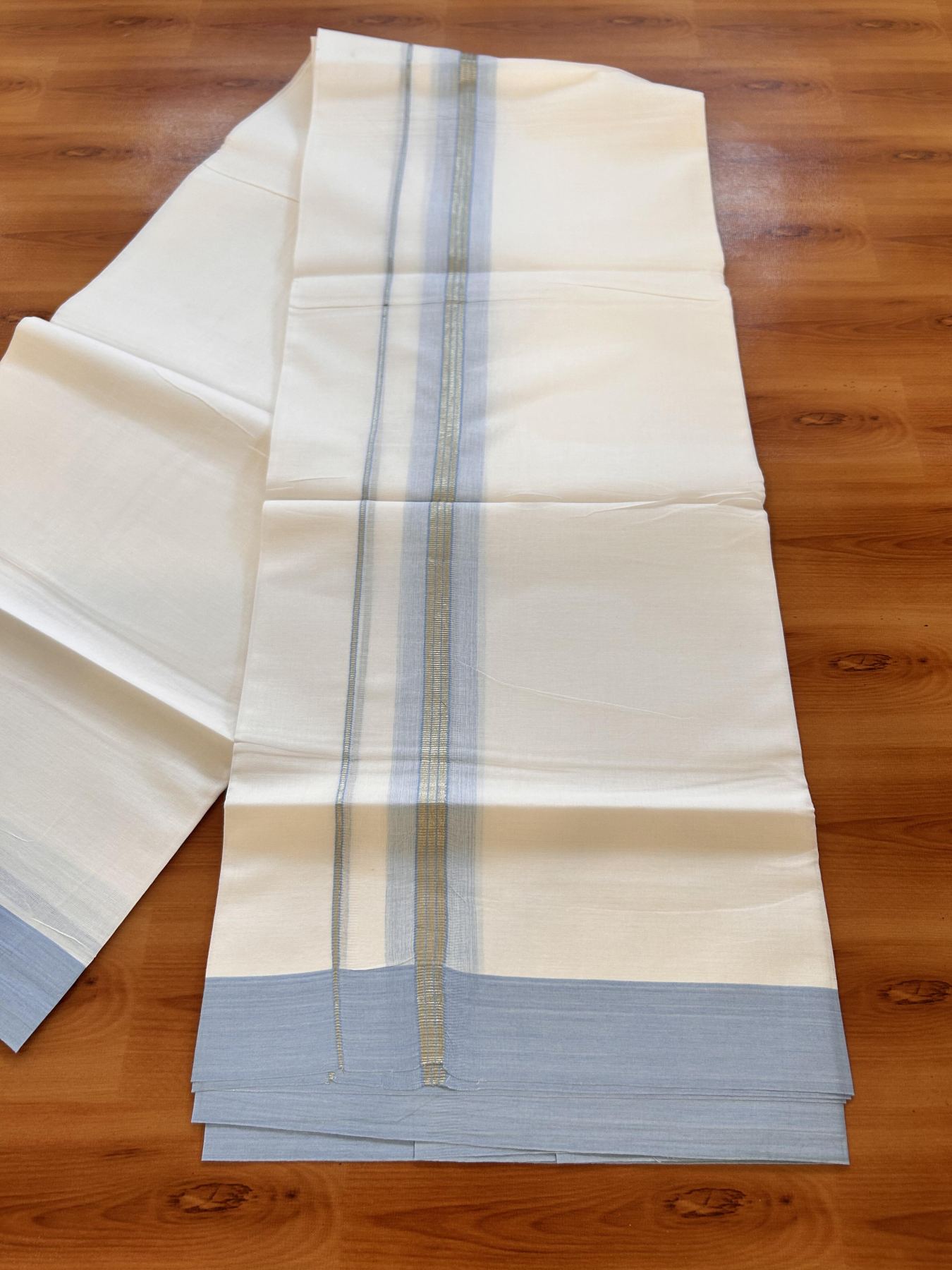 Pure White Double Mundu/Dhoti - 20% Discount ! Kaitharikada Balaramapuram 100% Cotton - 100x80 - 1.5 inch Silver Kasav & Powder Blue Shaded Striped Kara 3.90 m (8 muzham) - 20 KK5432 PMC