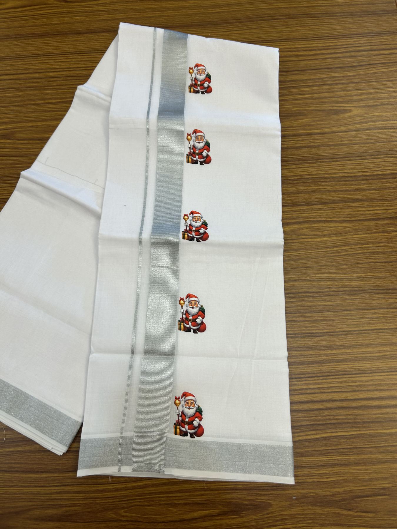 Christmas Special - 35% Discount ! KaithariKada Balaramapuram - Double Pure white Mundu/Dhoti- 60s - 50% Cotton & 50% Polyester - 1.5 inch Silver Kasav Santa Claus Printed Kara - 3.70 mtr (8 muzham) - 69 KK5329 GAN