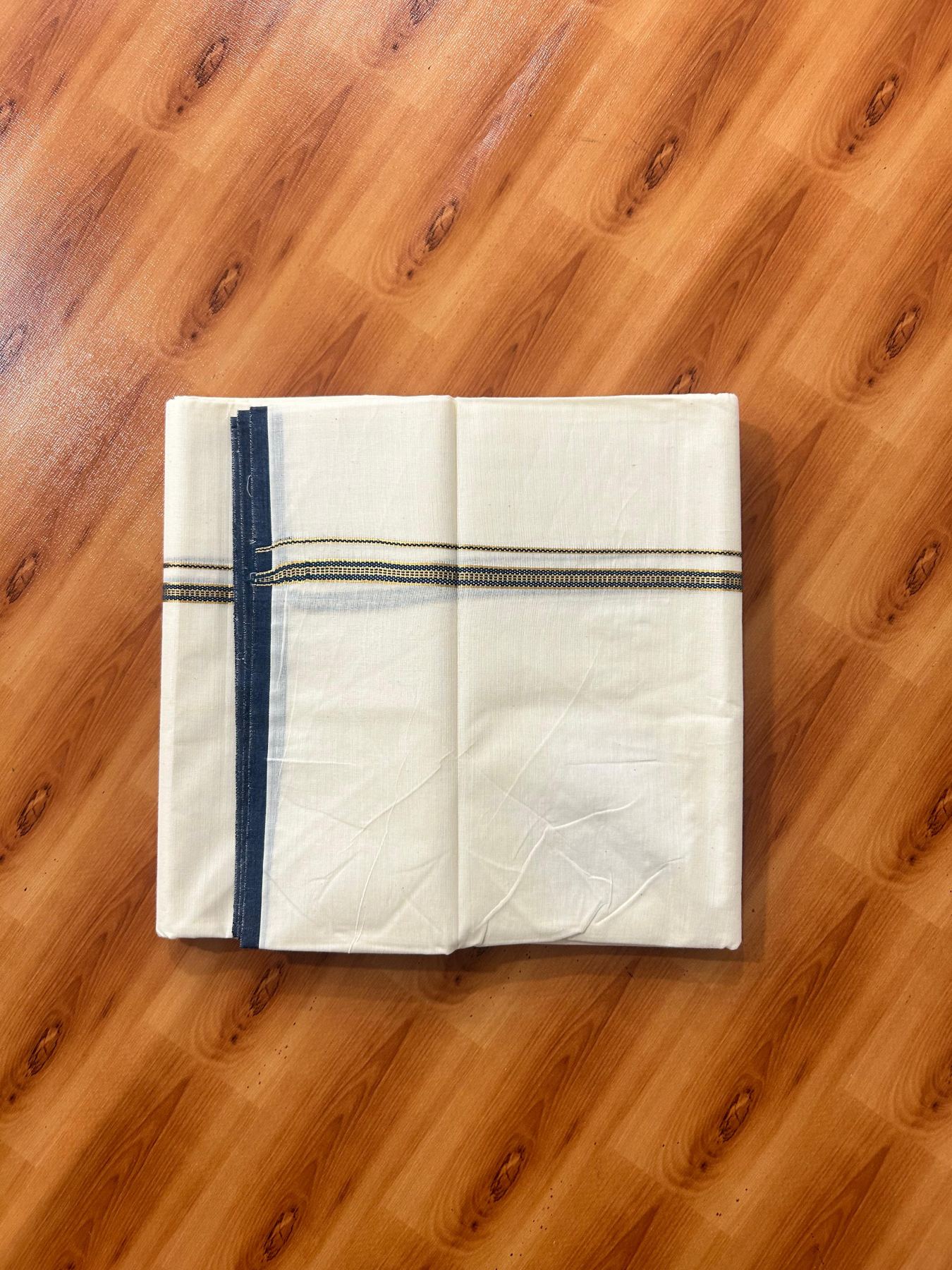 Double Off white (Unbleached) Mundu/Dhoti - 20% Discount! KaithariKada Pure Cotton  (80s) - 1 cm Gold Kasav Peacock Blue Kara 4 mtr (8.5 muzham) - 17 KK5479 GAN