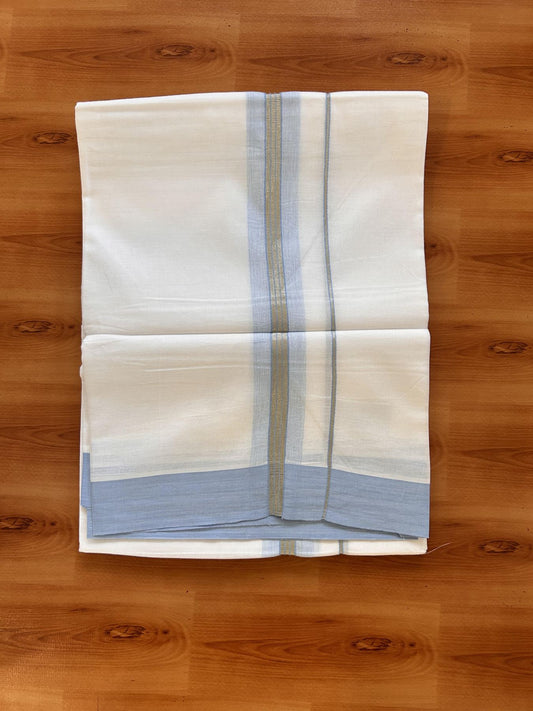 Pure White Double Mundu/Dhoti - 20% Discount ! Kaitharikada Balaramapuram 100% Cotton - 100x80 - 1.5 inch Silver Kasav & Powder Blue Shaded Striped Kara 3.90 m (8 muzham) - 20 KK5432 PMC