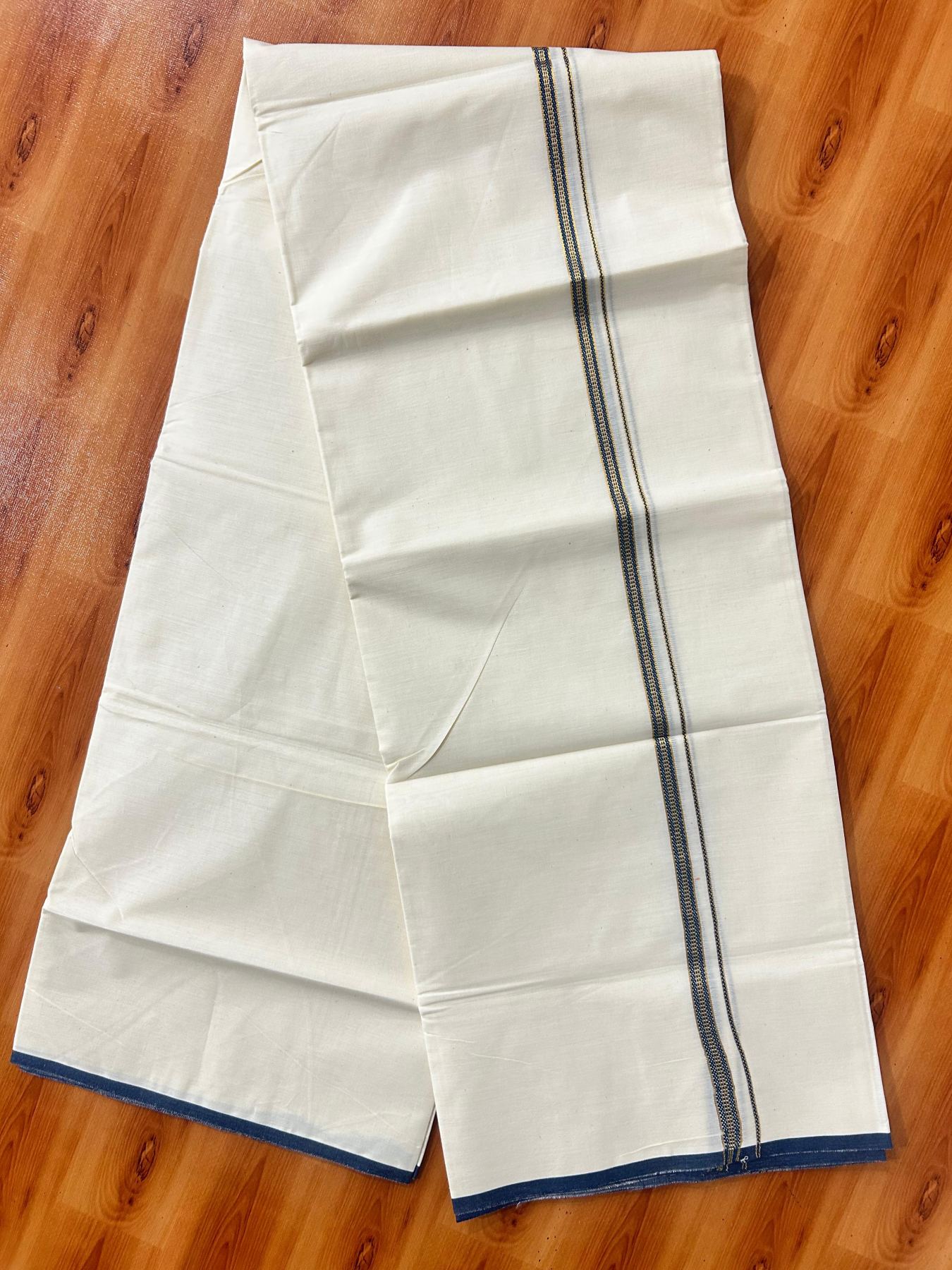 Double Off white (Unbleached) Mundu/Dhoti - 20% Discount! KaithariKada Pure Cotton  (80s) - 1 cm Gold Kasav Peacock Blue Kara 4 mtr (8.5 muzham) - 17 KK5479 GAN